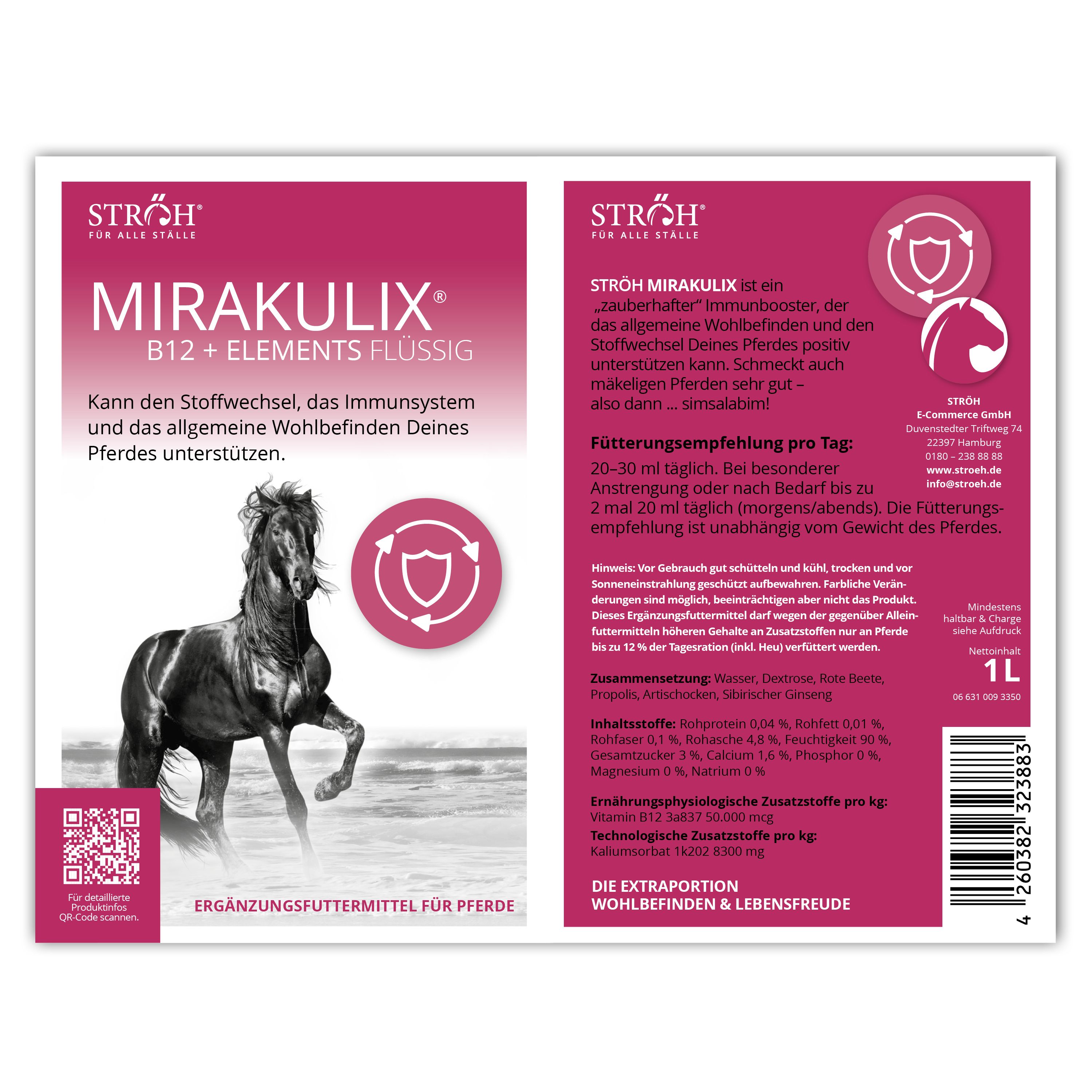 Etikett mit Produktinformationen. Enthält Text und ein Pferdebild. Marke: STRÖH MIRAKULIX B12 + ELEMENTS FLÜSSIG.