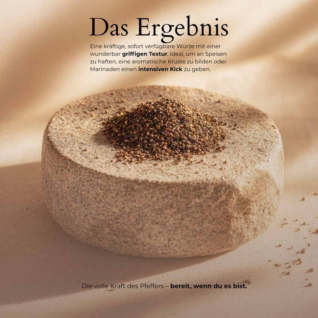 Steinmörser mit geschrotetem Pfeffer. Text: Das Ergebnis. Kräftige Würze mit griffiger Textur.