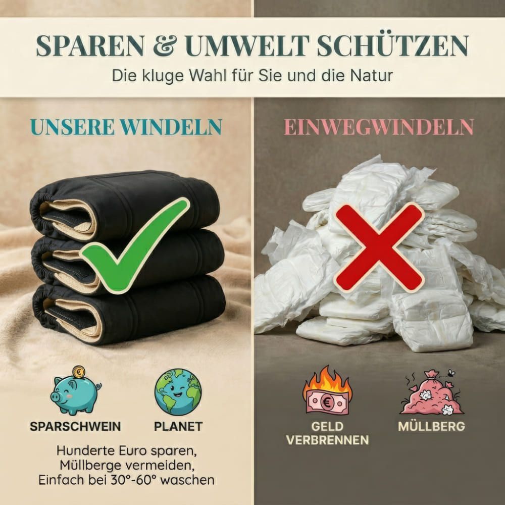 Windeln vs. Einwegwindeln. Windeln gestapelt, grüner Haken. Einwegwindeln, rotes Kreuz. Sparschwein, Planet.