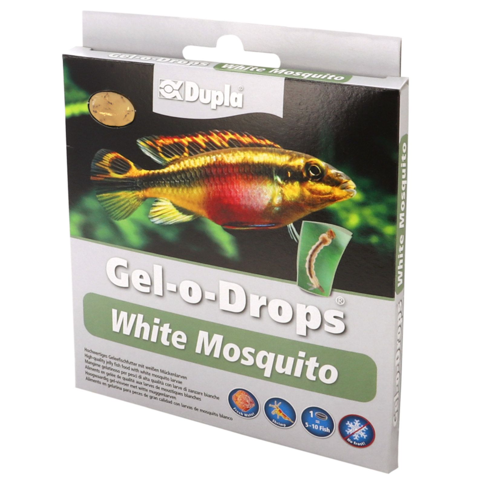 Verpackung von Dupla Gel-o-Drops White Mosquito. Fischabbildung, Produktname und Logo sind sichtbar.