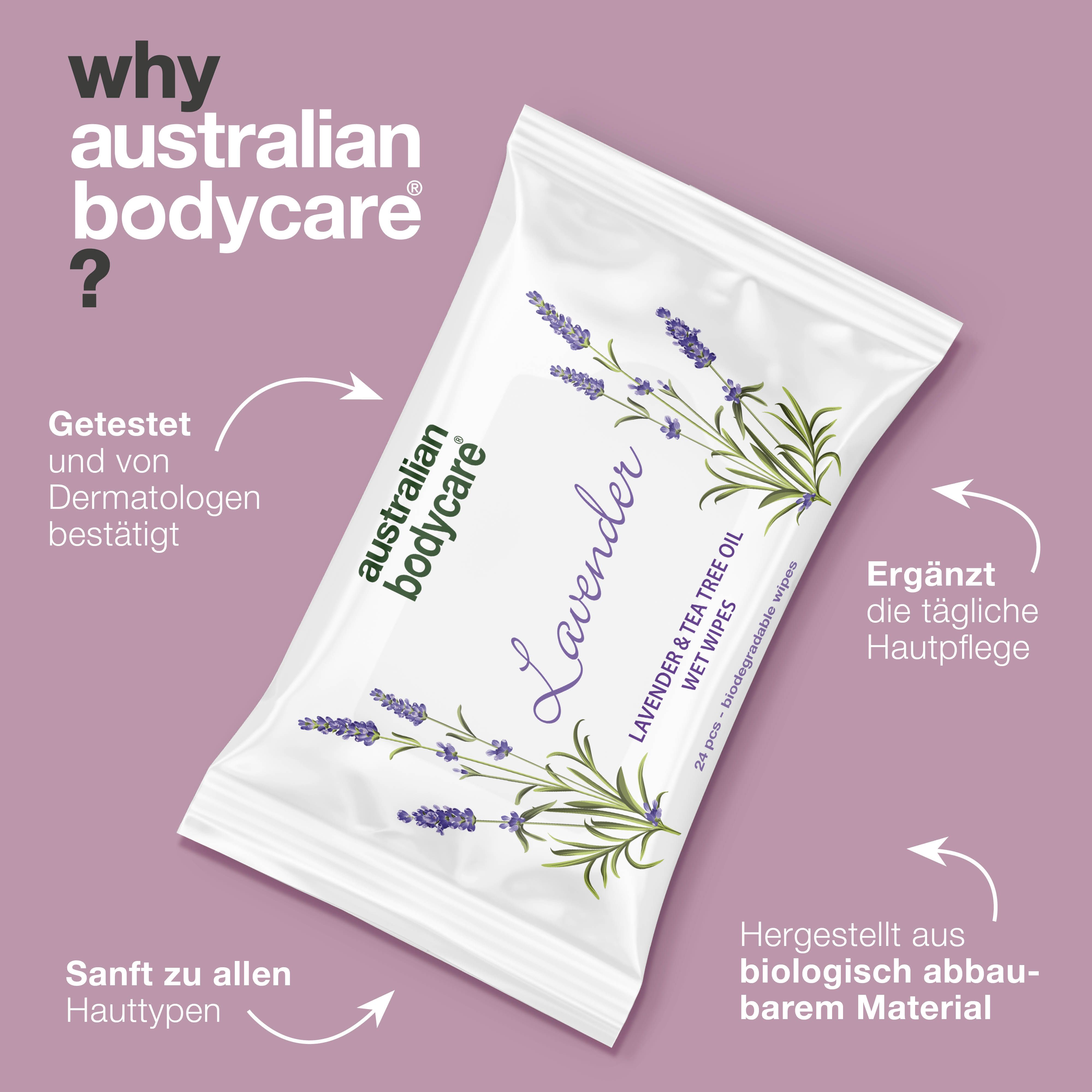 Produktverpackung mit Text: "australian bodycare", "Lavender", und Pfeilen mit Text.