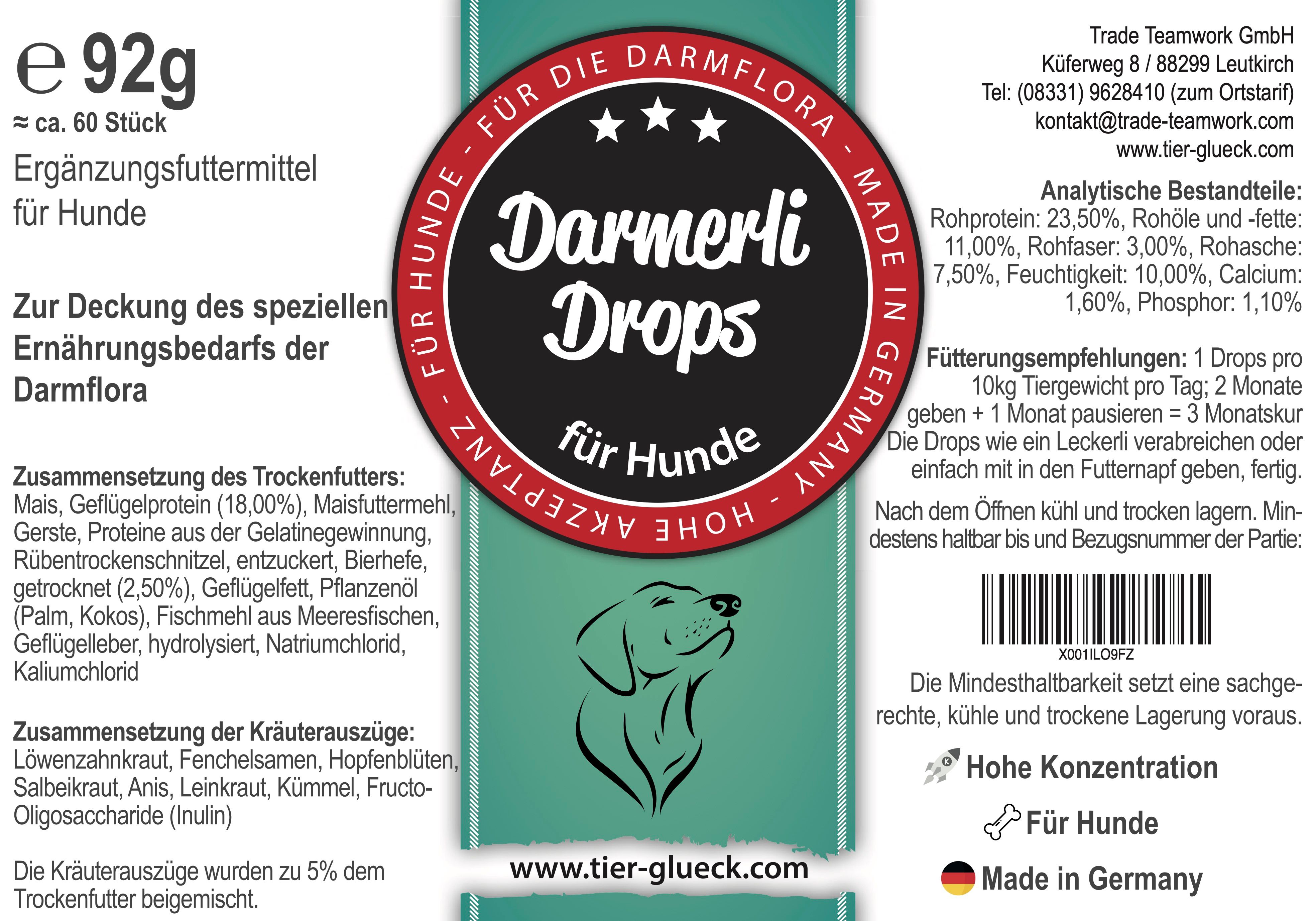 Etikett TierGlück Darmerli Drops. Runder Aufdruck: Name, Logo, 'für Hunde'. Text: Inhaltsstoffe, Fütterungsempfehlung, 'Made in Germany'.