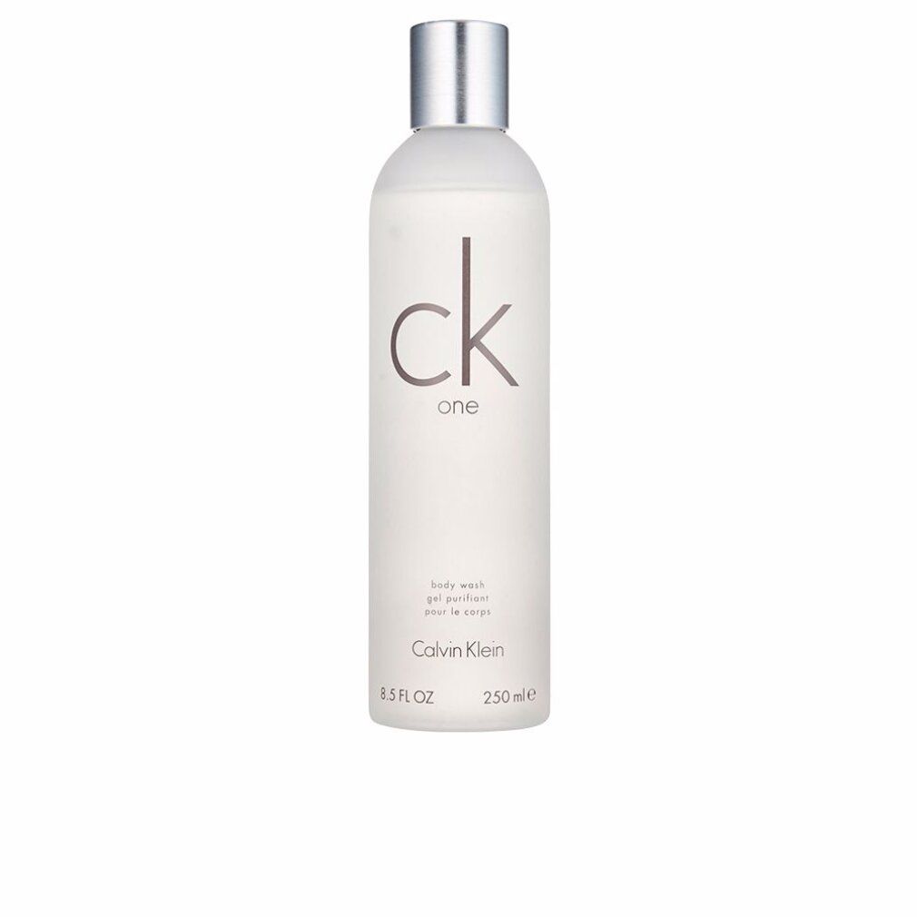 Körperwäsche-Flasche mit silbernem Deckel. Aufschrift "ck one" und "Calvin Klein". 250ml.