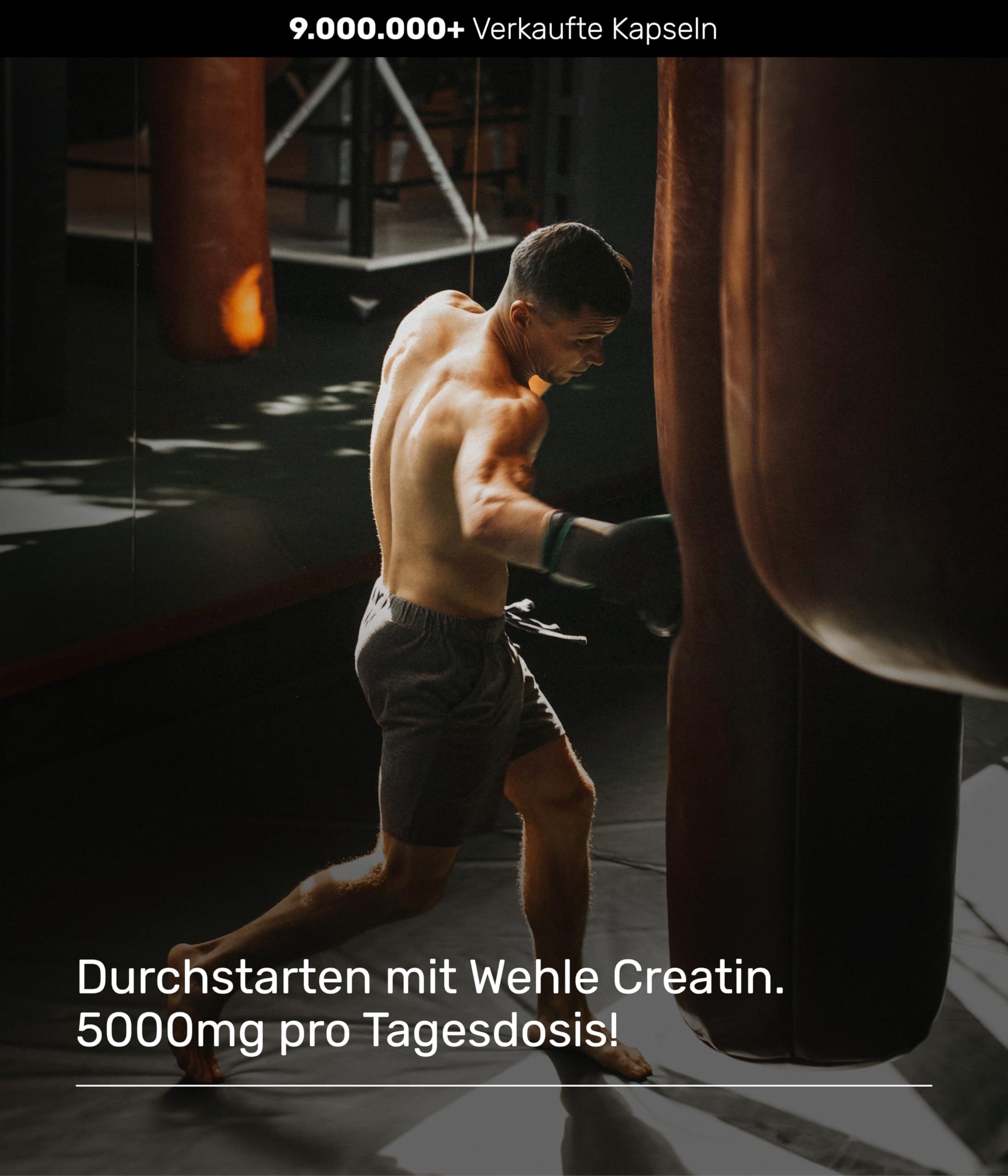 Mann trainiert im Fitnessstudio. Text: 'Durchstarten mit Wehle Creatin. 5000mg pro Tagesdosis!'