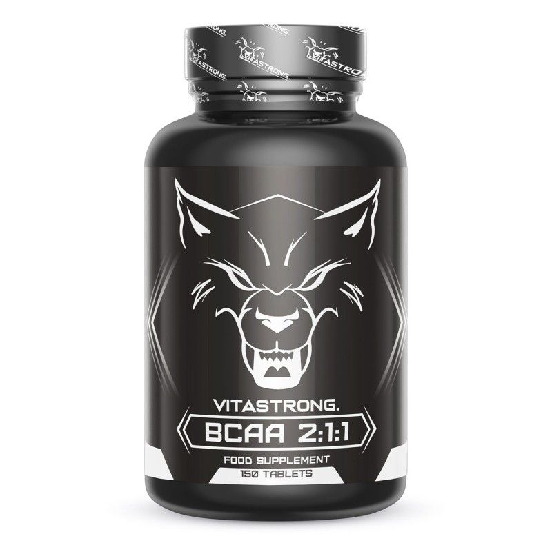 Schwarze Flasche mit Vitastrong BCAA 2:1:1. 150 Tabletten. Weißes Wolfslogo. Schwarzer Deckel. Nahrungsergänzungsmittel.