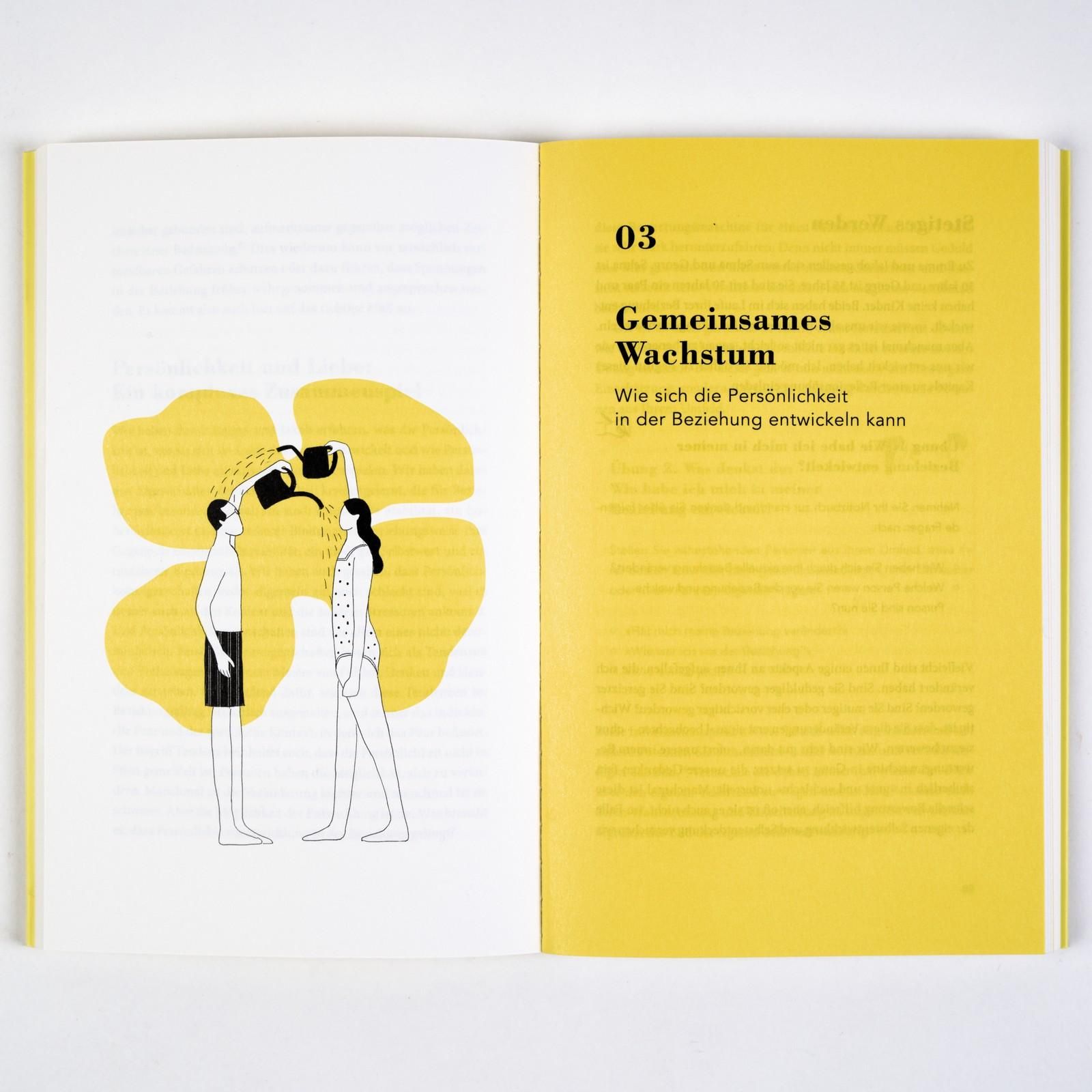 Buch Doppelseite. Linke Seite: Illustration von zwei Personen. Rechte Seite: Kapitelüberschrift: Gemeinsames Wachstum.