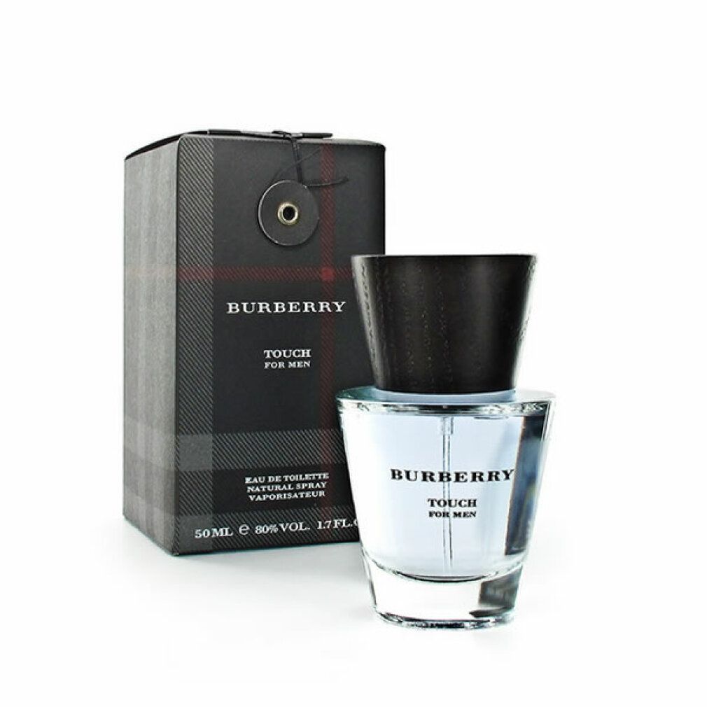 Burberry Touch for Men EdT Flakon und Verpackung. Schwarze Verpackung mit Logo und Produktbezeichnung. Glasflakon mit Holzdeckel.