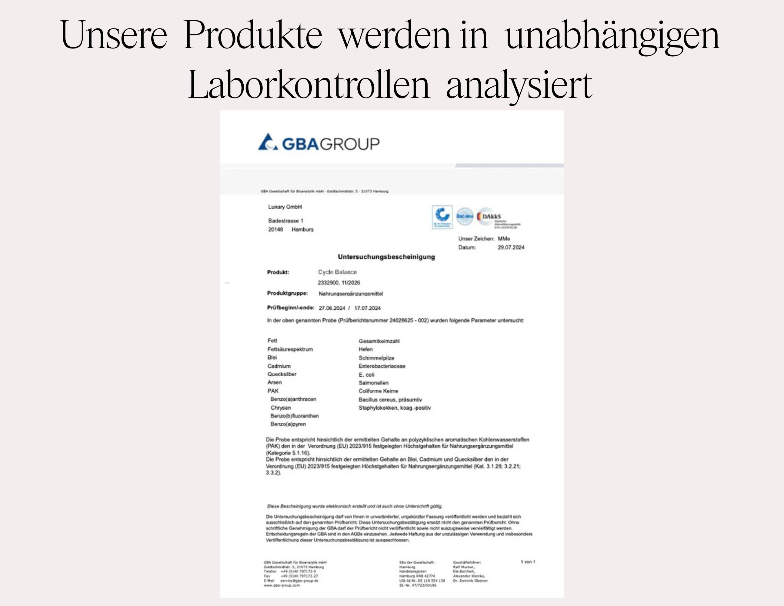 Laborbericht. Analyse der Produkte. Text. GBA Group Logo.