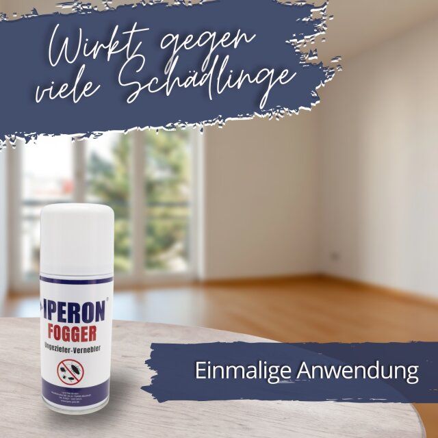 Weiße Sprühdose mit blauem Etikett und roter Schrift. Aufschrift: IPERON FOGGER Ungeziefer-Vernebler. Text: Wirkt gegen viele Schädlinge, einmalige Anwendung.