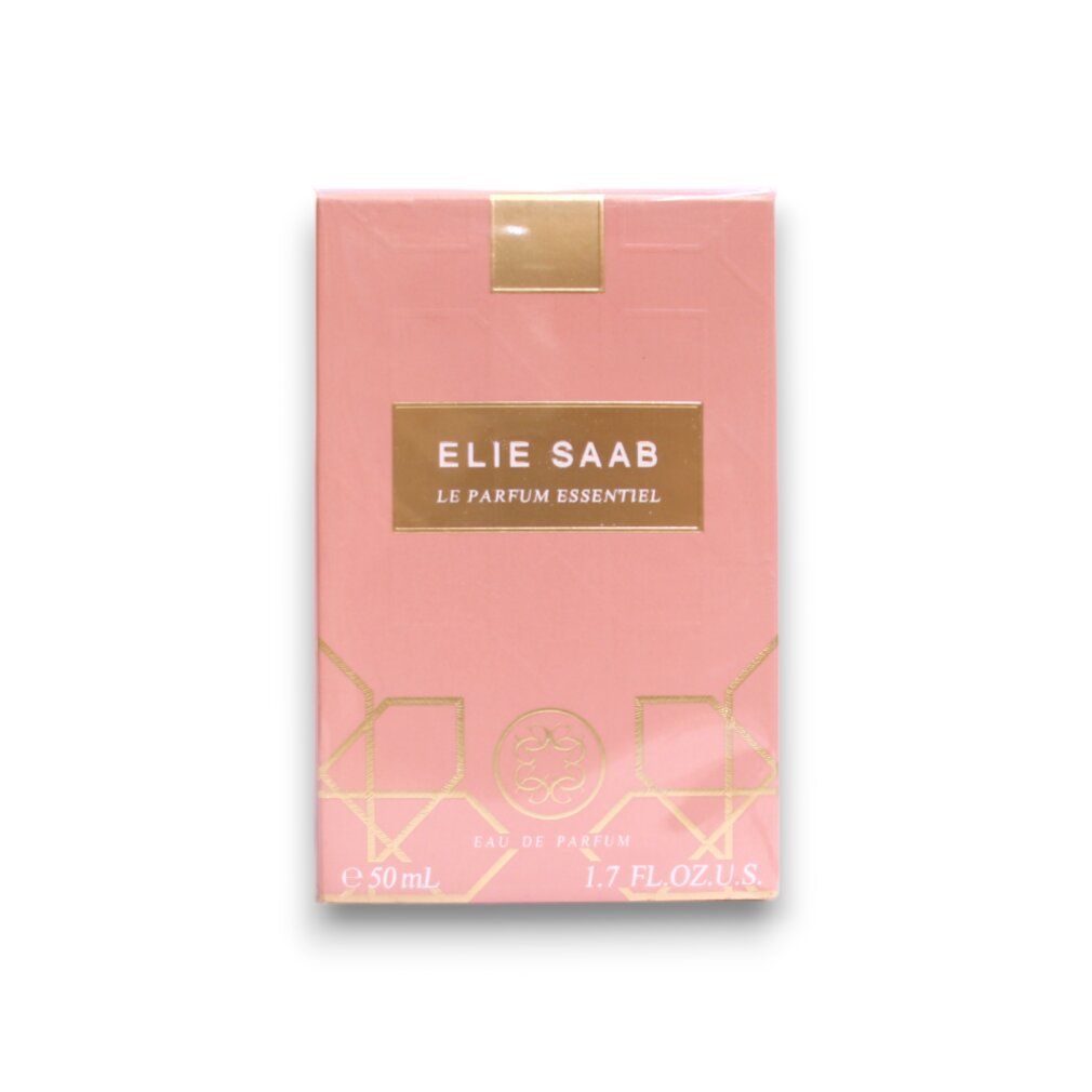 Rosa Verpackung für Elie Saab Le Parfum Essentiel Eau de Parfum mit Goldprägung.
