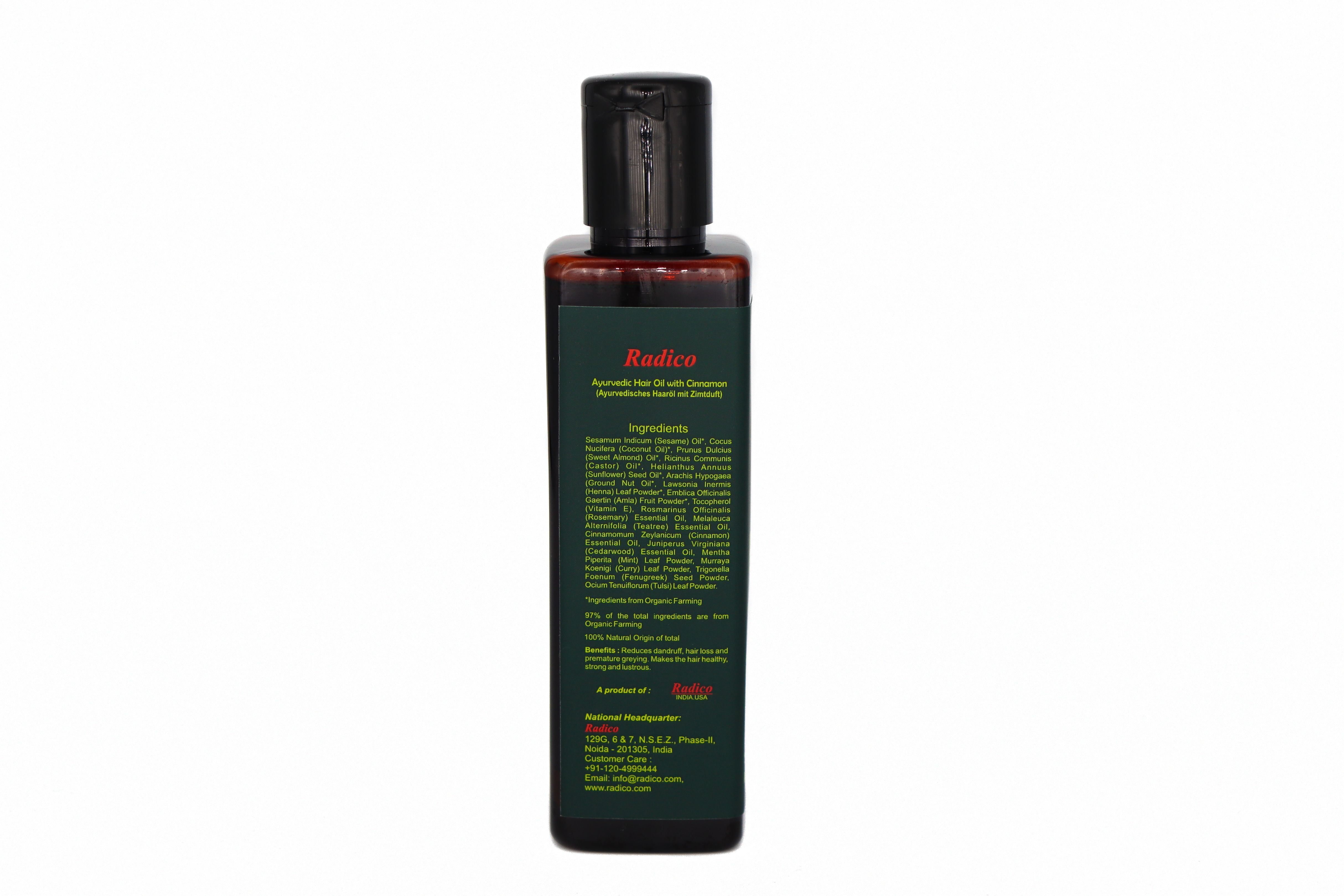 Radico Haaröl mit Zimtduft. Flasche mit schwarzem Deckel. Grüne Etikette mit Inhaltsstoffen und Text.