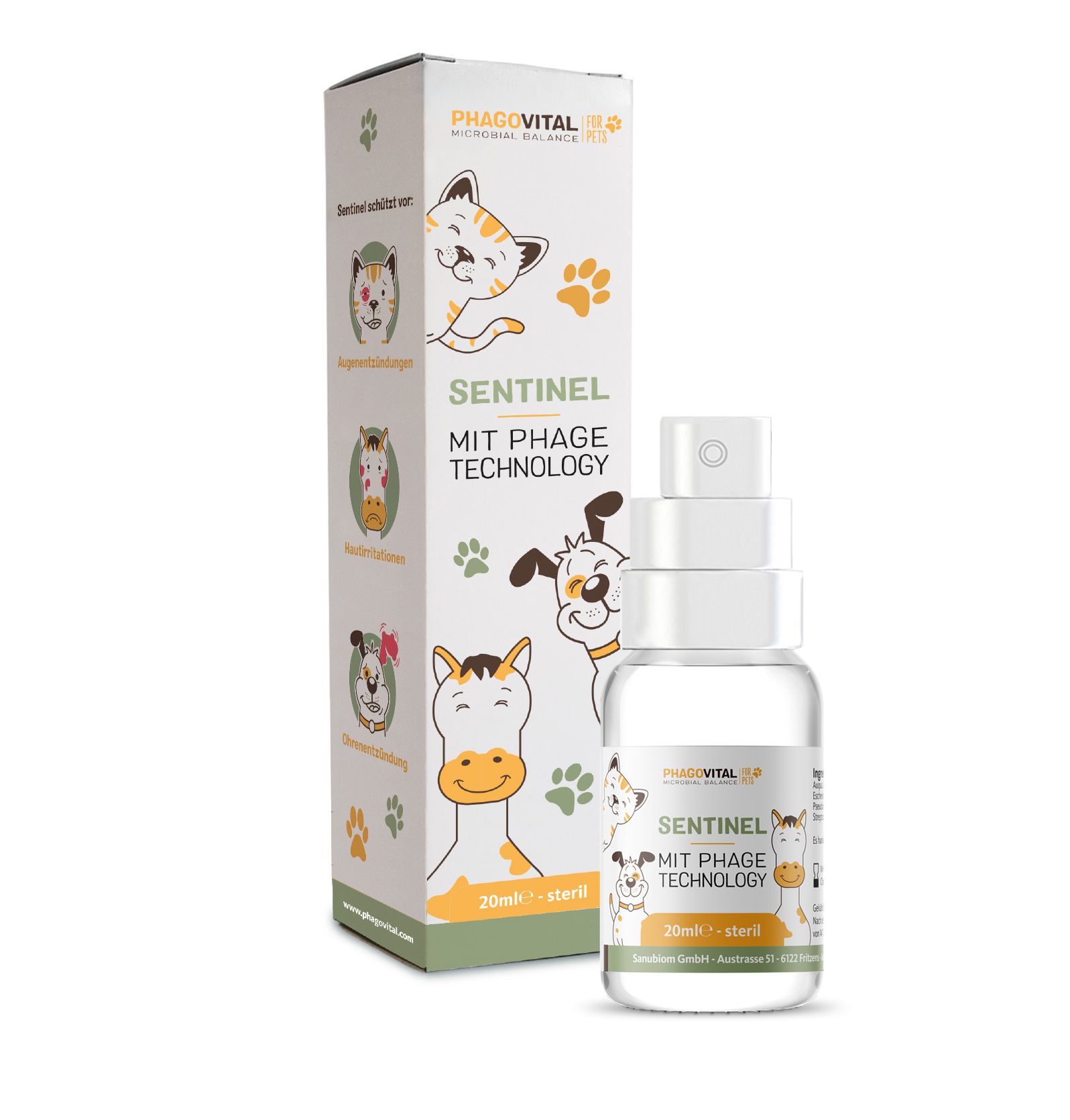 Produktverpackung und Sprühflasche. Verpackung mit Illustrationen von Tieren, Aufschrift: Sentinel, MIT PHAGE TECHNOLOGY, 20ml - steril. Flasche identisch.