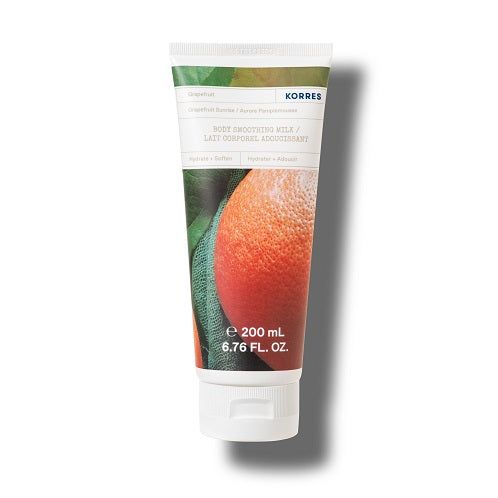 KORRES Glättende Körpermilch (Grapefruit Sunrise). Tube mit Grapefruit-Abbildung. Text: Body Smoothing Milk. Volumen: 200 ml.