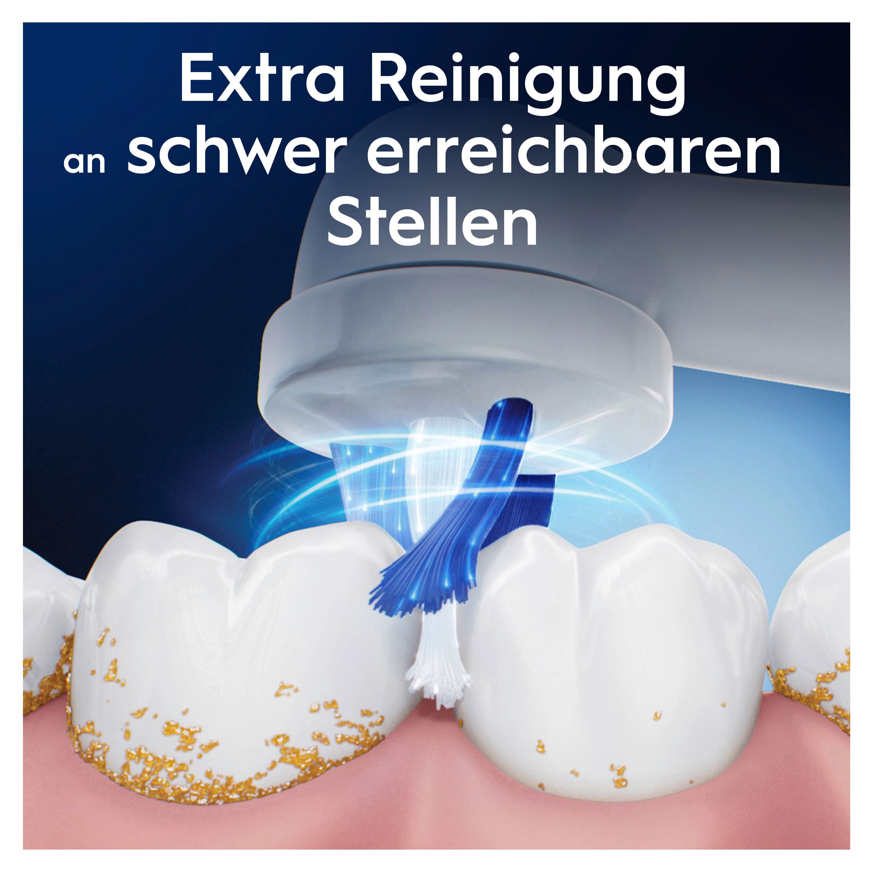 Zahnbürstenkopf reinigt Zähne. Text: Extra Reinigung an schwer erreichbaren Stellen.