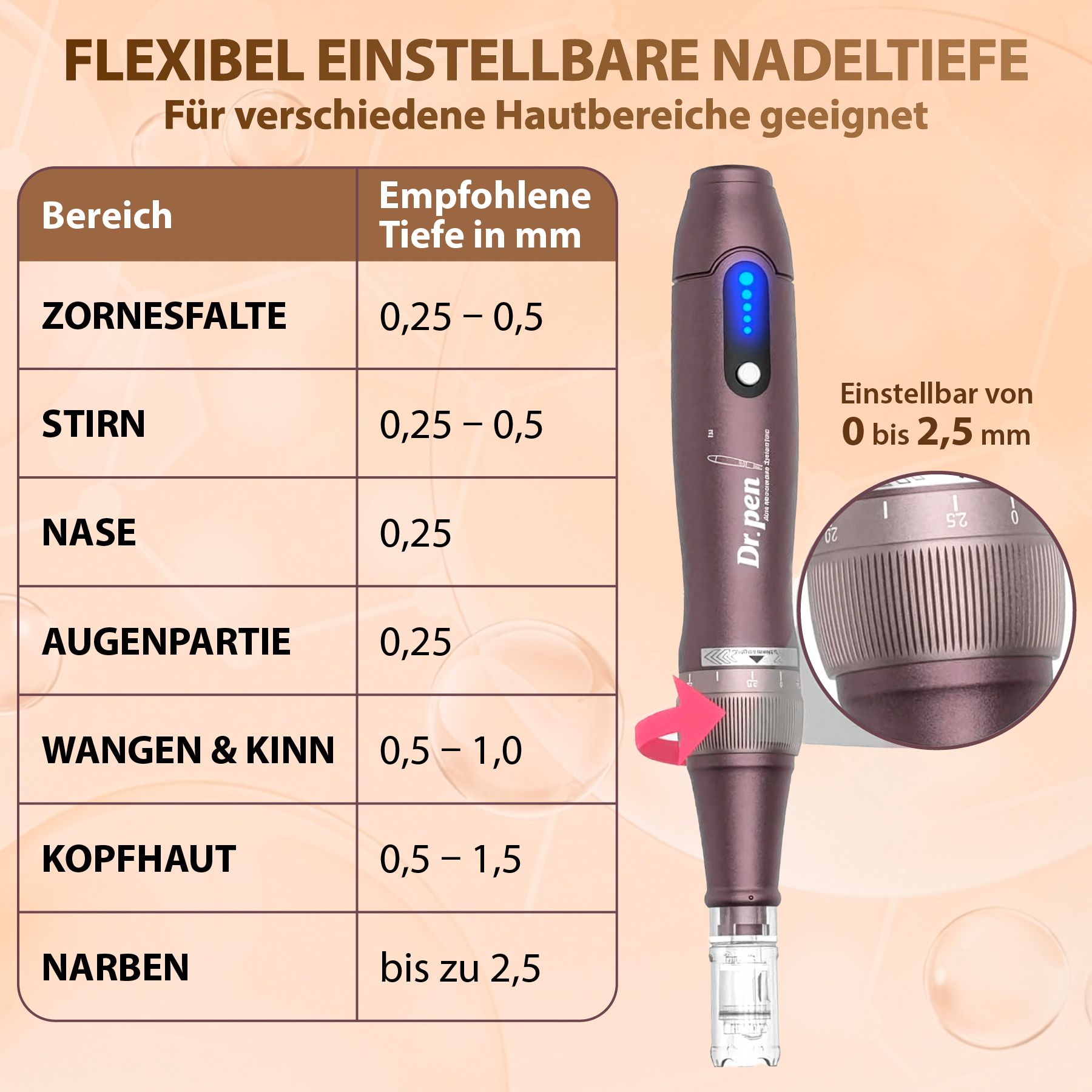 Dr. Pen Microneedling-Gerät mit Tabelle zur Einstellung der Nadeltiefe.