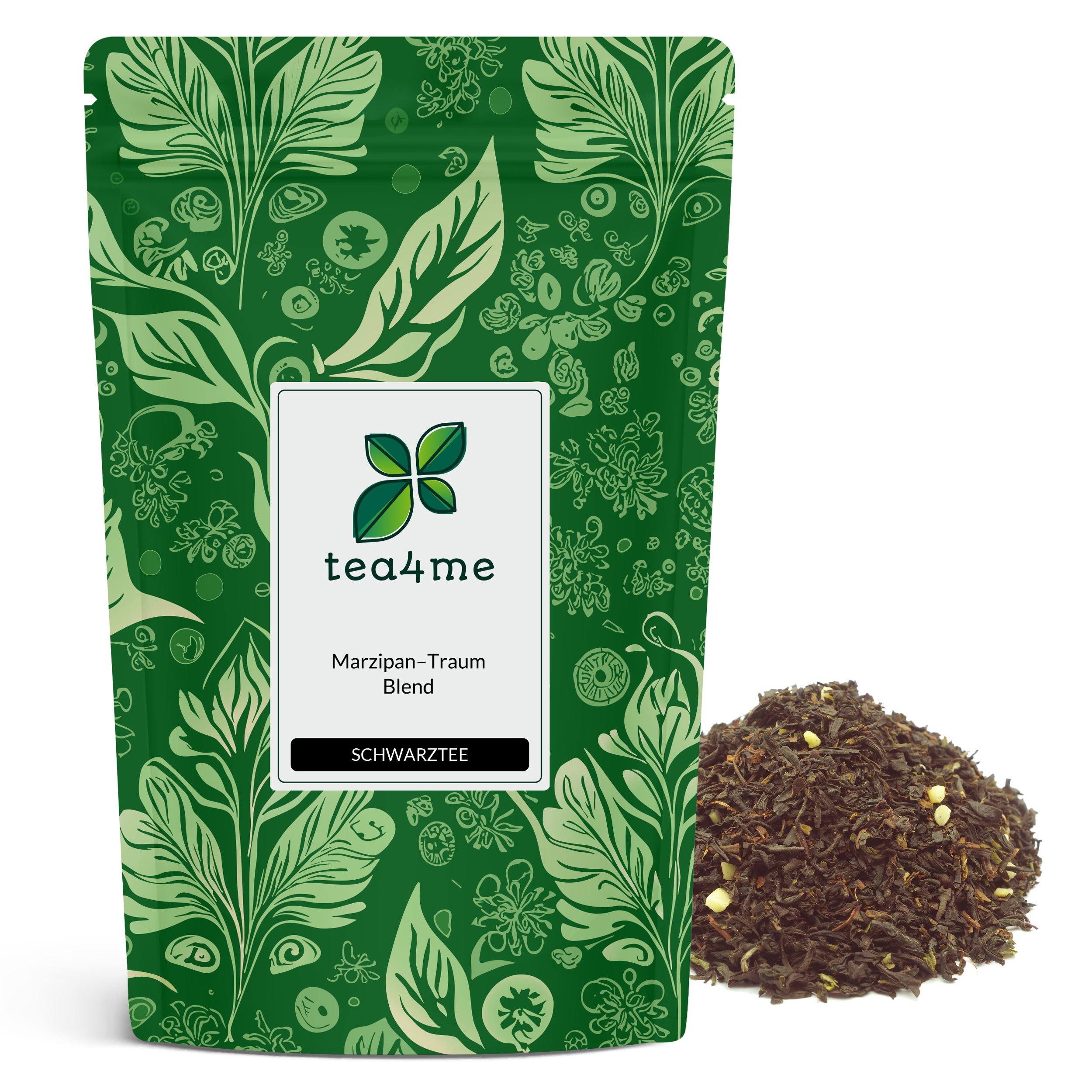 Grüner Beutel mit floralem Muster, Logo tea4me. Marzipan-Traum Blend, Schwarztee. Haufen loser Tee daneben.