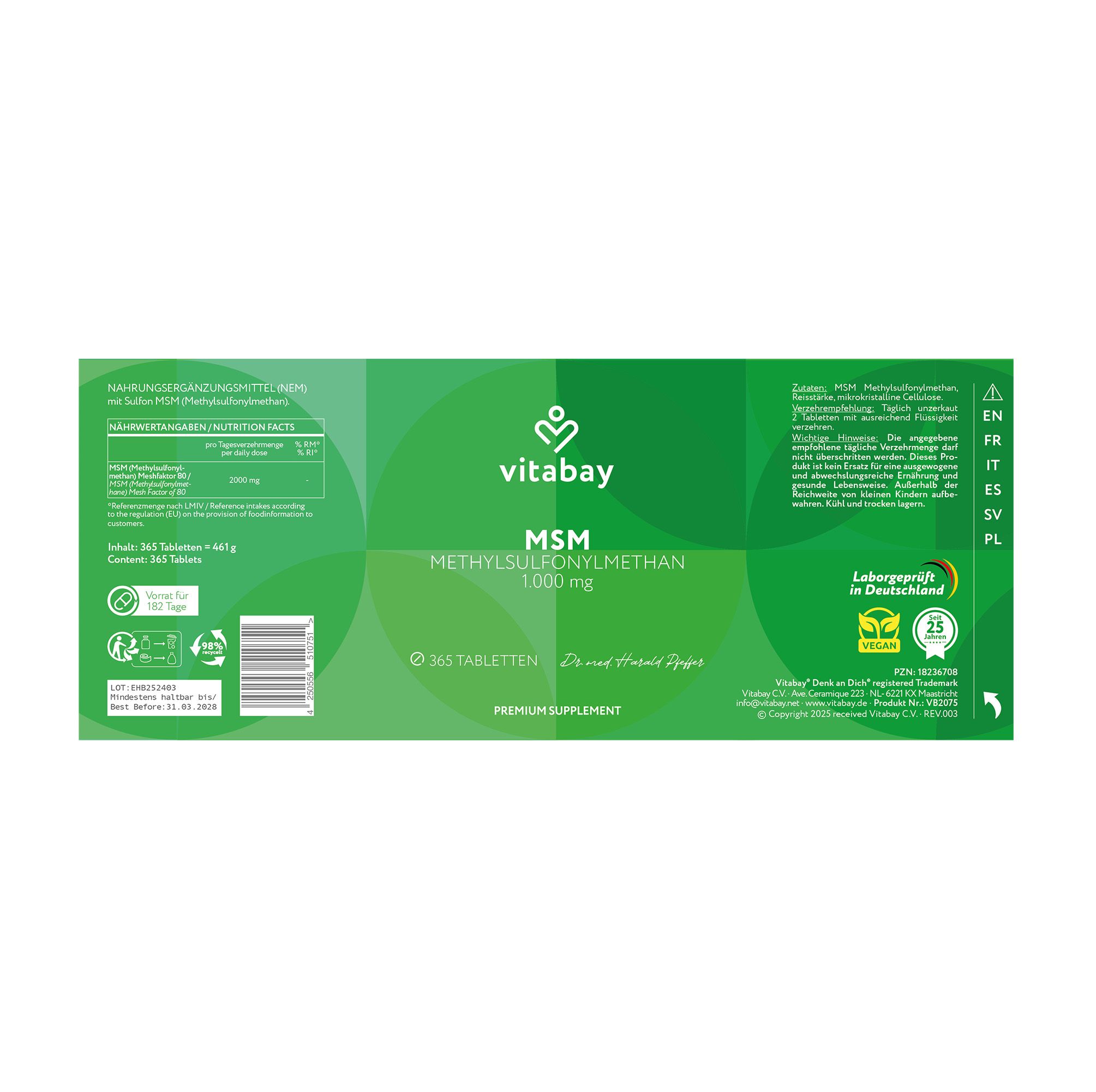 Grüne Verpackung mit Text. Text: MSM 1.000 mg. 365 Tabletten. Premium Supplement. Zertifizierungen.