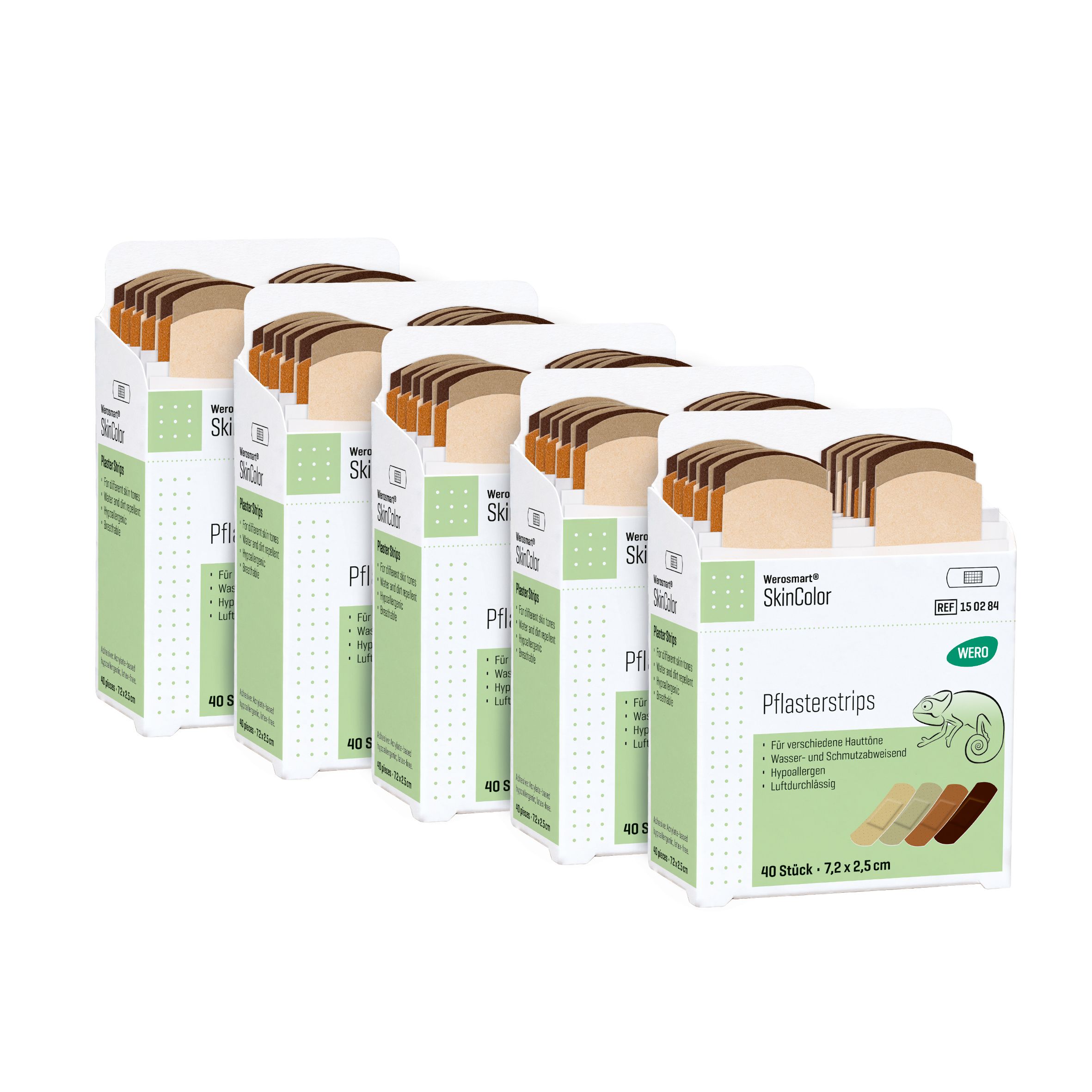 Mehrere Packungen Pflasterstrips. Hautfarben, verschiedene Töne. Werosmart SkinColor, 40 Stück, 7,2 x 2,5 cm.
