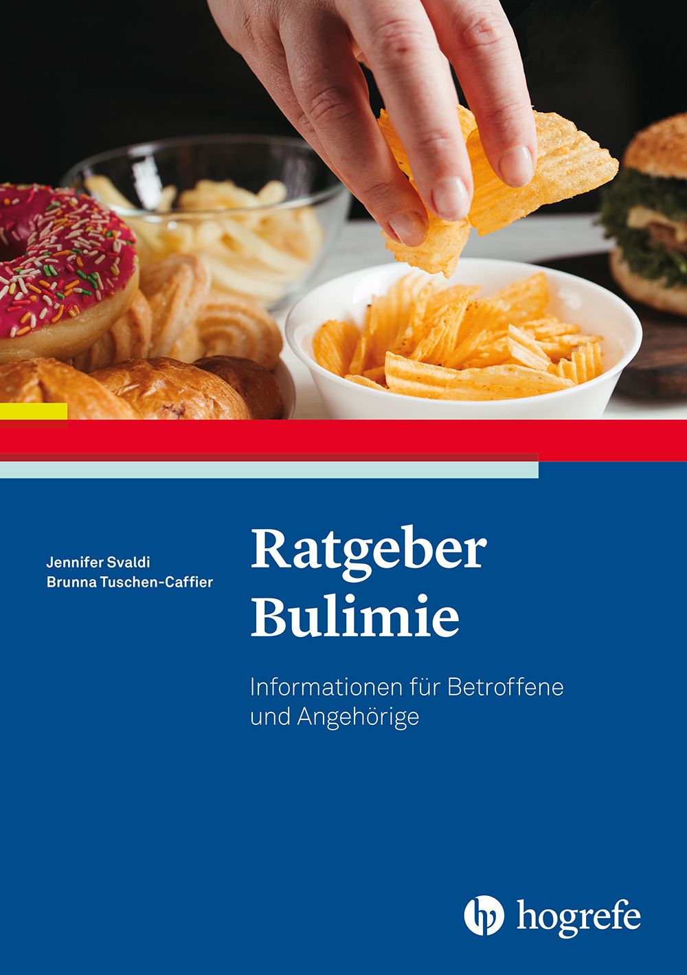 Buchcover mit dem Titel "Ratgeber Bulimie". Im Hintergrund Chips, Donuts und Burger. Hand greift nach Chips.