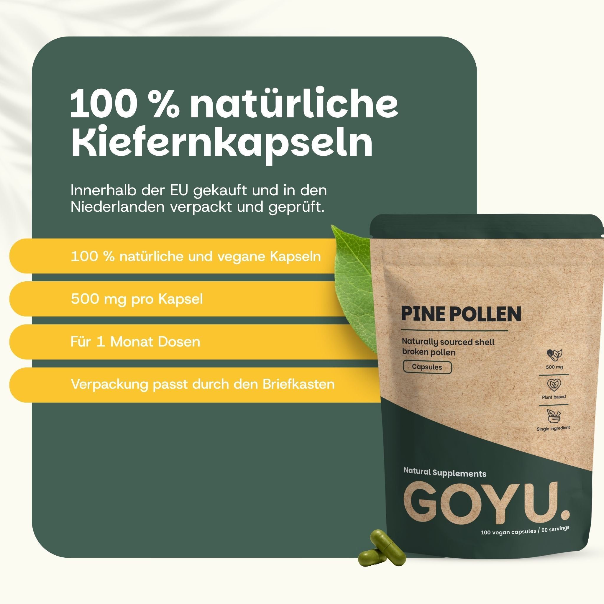 Braune Pouch mit Kiefernpollen-Kapseln. Links: Liste mit 100% natürlichen, veganen Kapseln, 500mg, 1 Monat Dosis, Briefkastenverpackung.