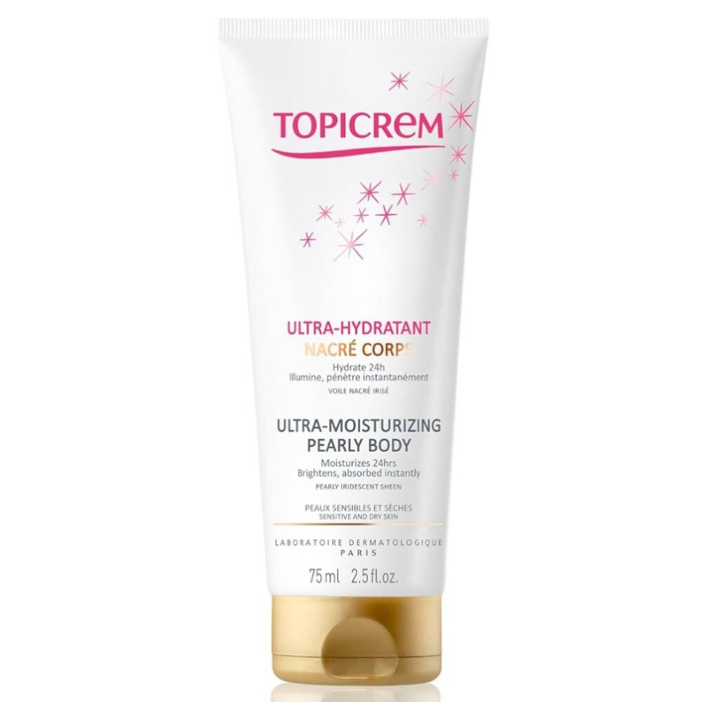 Tube blanc avec texte rose et noir. Bouchon doré. Inscription: TOPICREM, ULTRA-HYDRATANT NACRÉ CORPS, 75 ml.