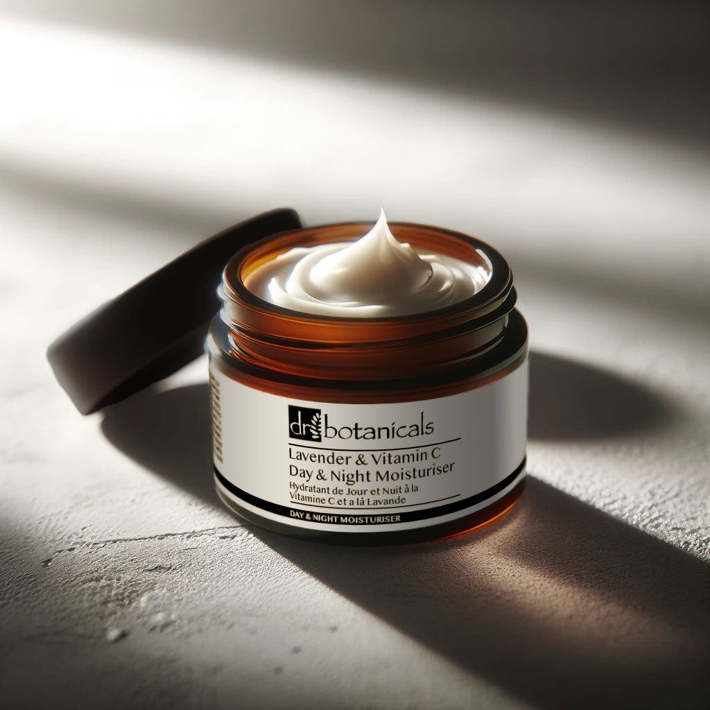 Geöffneter Braunglas-Tiegel mit Creme. Etikett mit Produktnamen und Marke: Dr Botanicals Lavendel & Vitamin C Tages- und Nachtfeuchtigkeitspflege. Schwarzer Deckel.