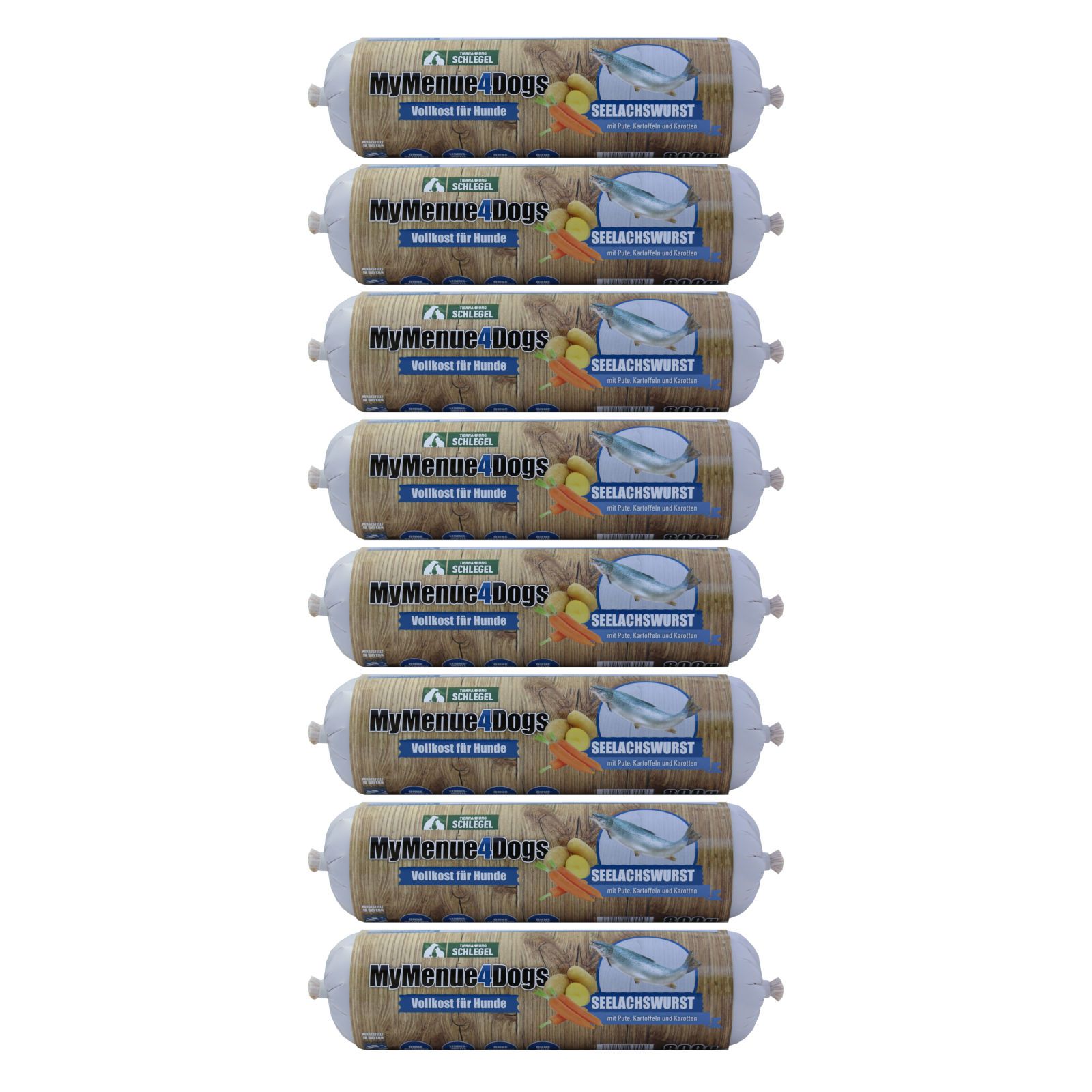 Mehrere Würste 'MyMenue4Dogs Seelachswurst' in Folie verpackt. Aufdruck mit Fisch, Karotten und Logo.