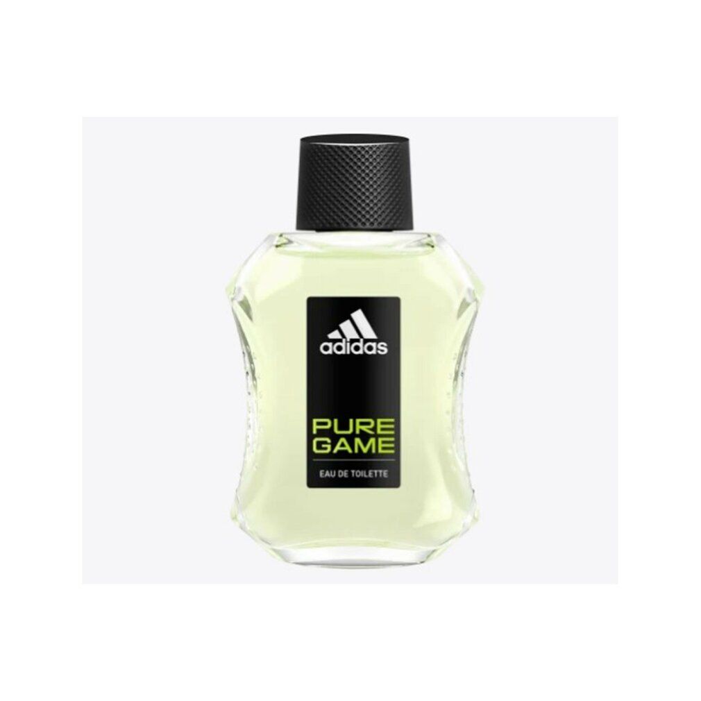 Flakon mit schwarzem Deckel. Aufkleber mit Adidas-Logo und Schriftzug PURE GAME. Eau de Toilette.