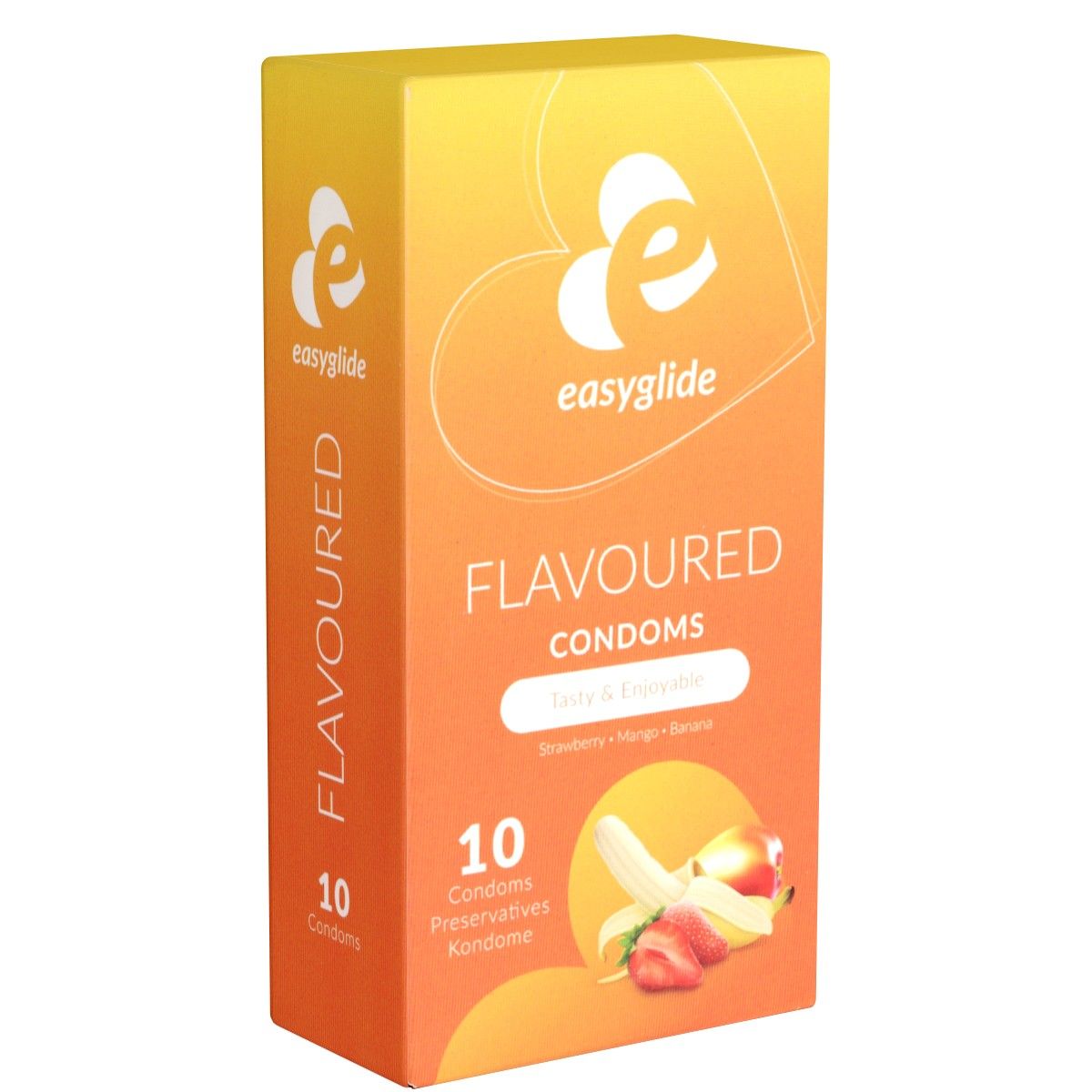 EasyGlide Kondom-Verpackung. Orange-gelb, mit Aufdruck "FLAVOURED CONDOS", 10 Stück. Erdbeer-, Mango-, Bananengeschmack.