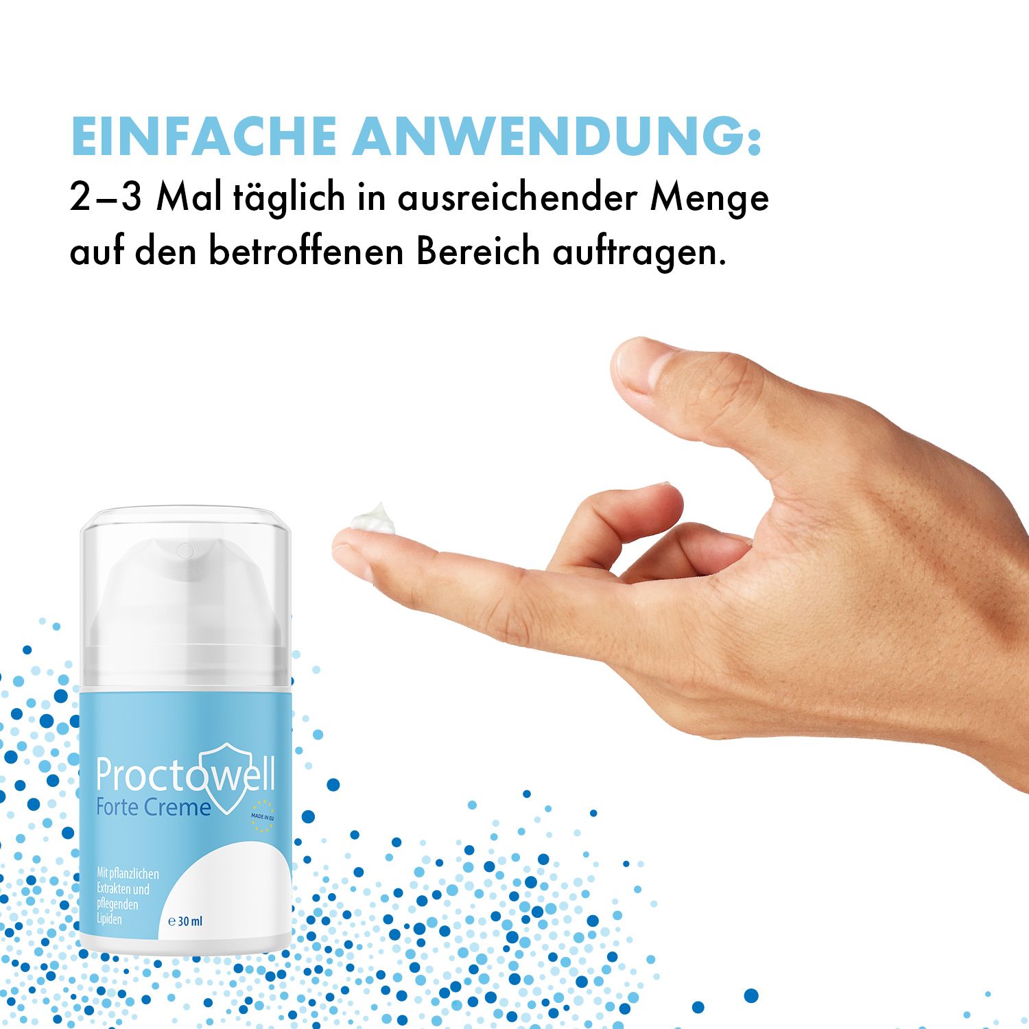 Hand mit Creme auf dem Finger. Creme-Spender im Hintergrund. Text: Proctowell Forte Creme, e 30 ml. Anwendung: 2-3 mal täglich auftragen.