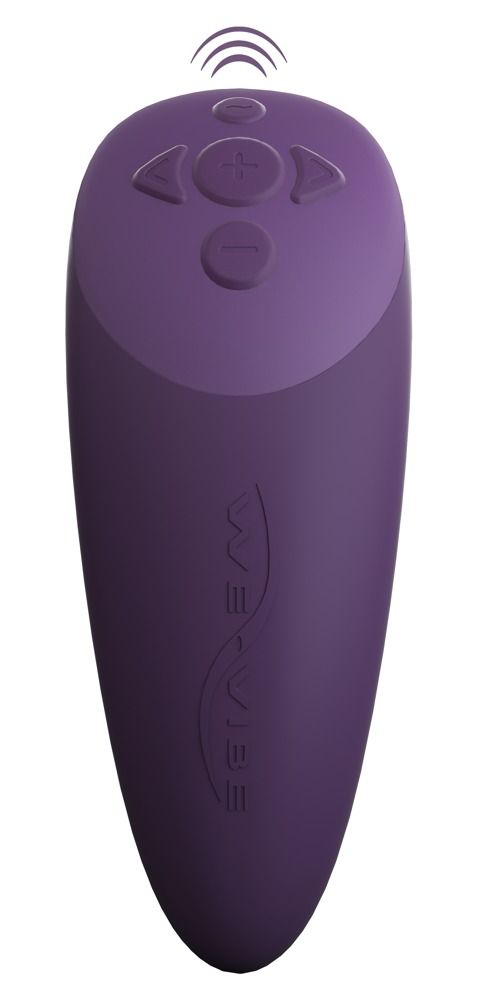 Lila Fernbedienung mit Tasten. We-Vibe Logo. Oben drei Wellen als Signal. Produktansicht.