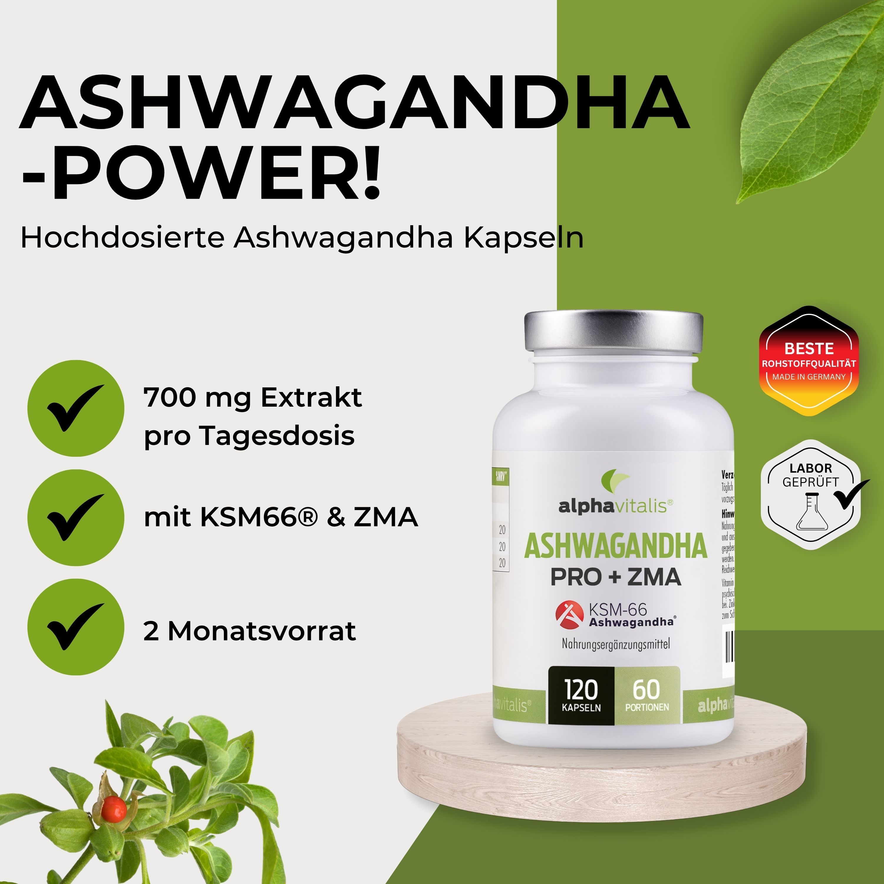 Weiße Flasche mit Kapseln. Aufschrift: Ashwagandha Pro + ZMA. Logos: Beste Qualität, Labor geprüft. 120 Kapseln, 60 Portionen.