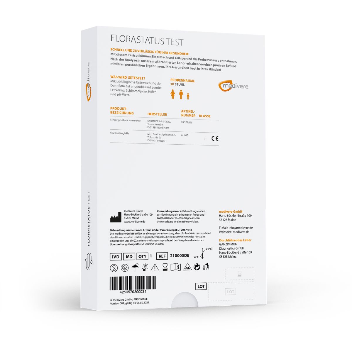 Rückseite der Produktverpackung mit Text, Logo und Informationen. CE-Kennzeichnung.