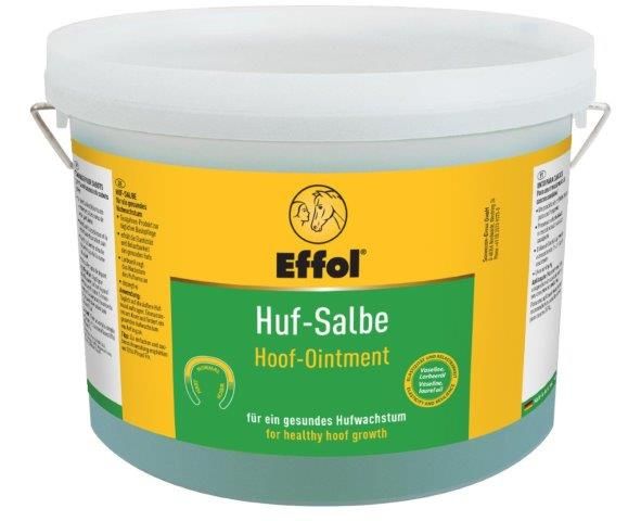 Eimer mit grünlicher Salbe. Aufkleber mit gelbem Hintergrund und grüner Schrift. Aufschrift: Effol Huf-Salbe, Hoof-Ointment.