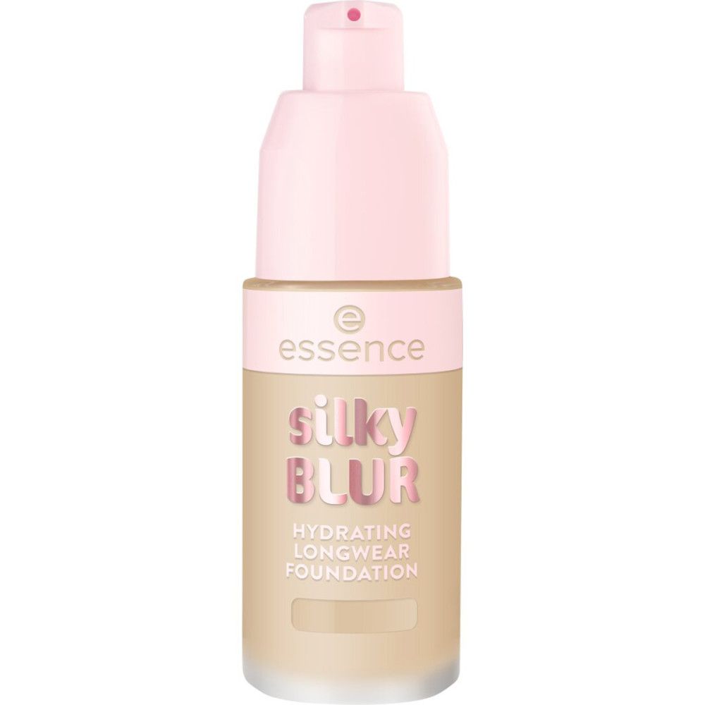 Foundation-Flakon mit rosa Deckel und Pumpe. Aufschrift: Silky Blur, Hydrating Longwear Foundation. Marke: Essence.