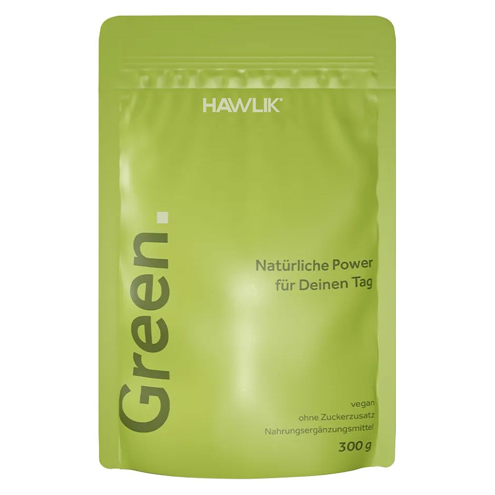 Grüner Beutel mit Aufschrift "Green." und "HAWLIK". Text: "Natürliche Power für Deinen Tag". 300g. Vegan, ohne Zuckerzusatz.
