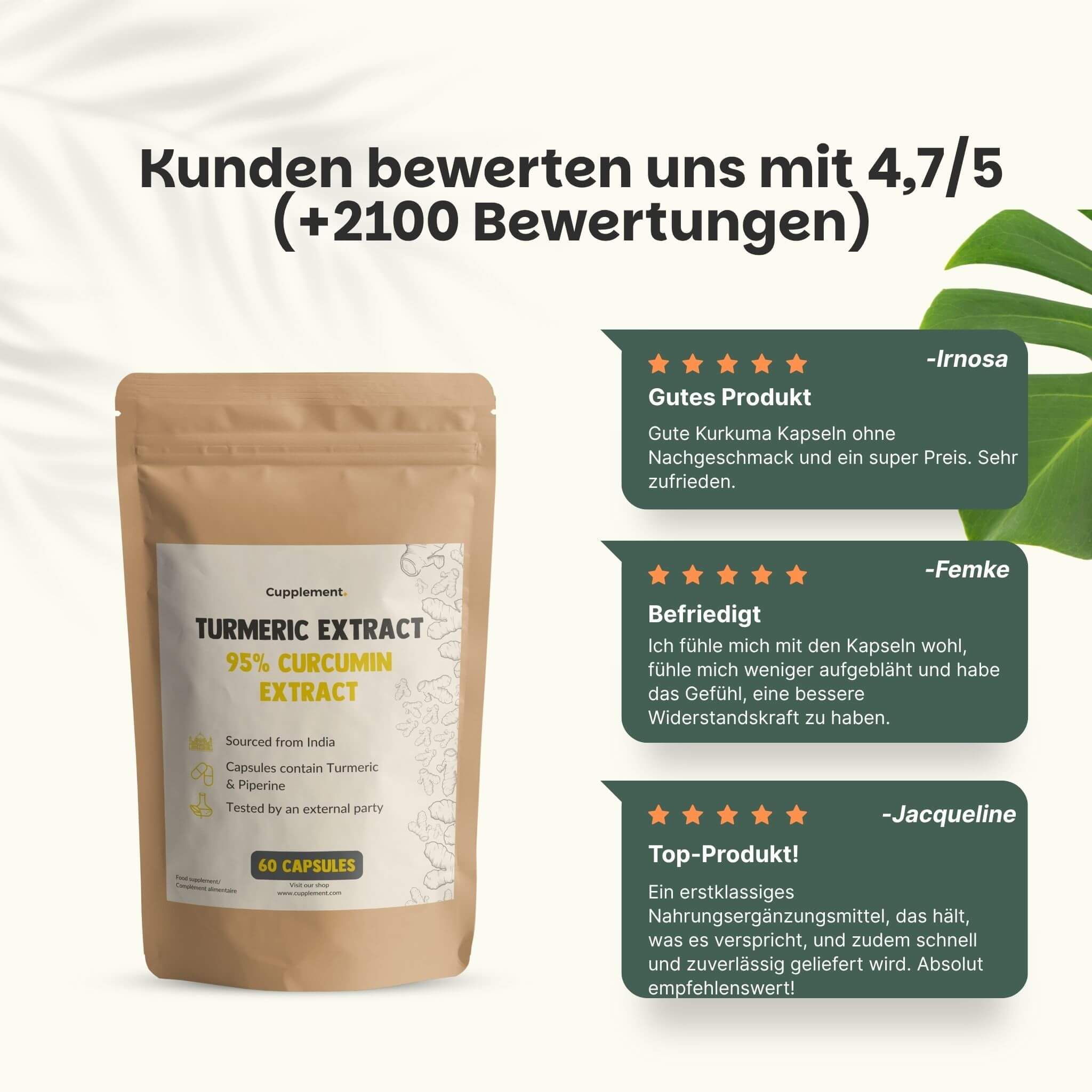 Beutel mit Kapseln. Text: Kunden bewerten uns mit 4,7/5. Bewertungen von Kunden. Gutes Produkt, zufrieden. Top-Produkt!