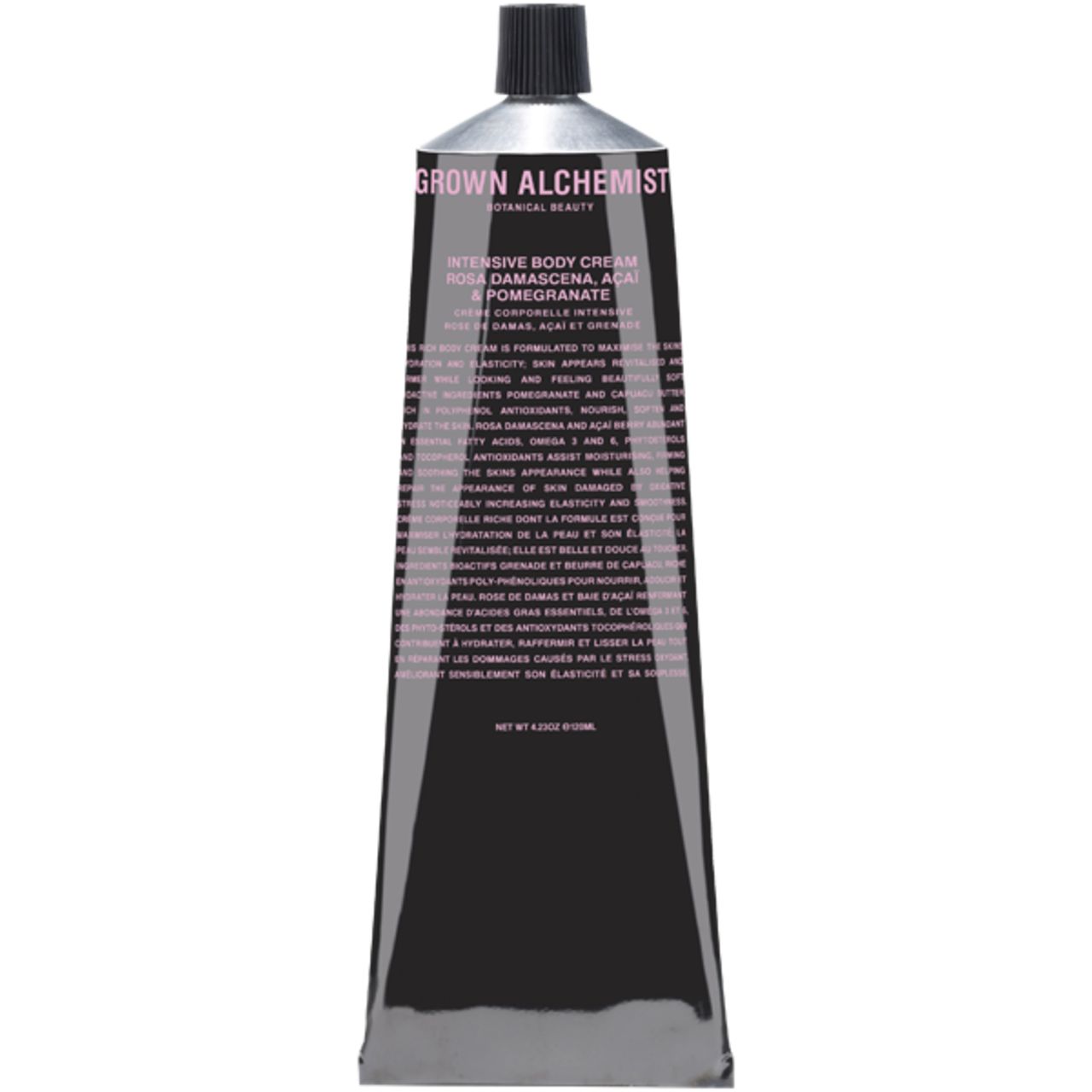 Schwarze Tube mit Aufschrift 'Grown Alchemist'. Text: 'Intensive Body Cream'. Rosa Schrift.