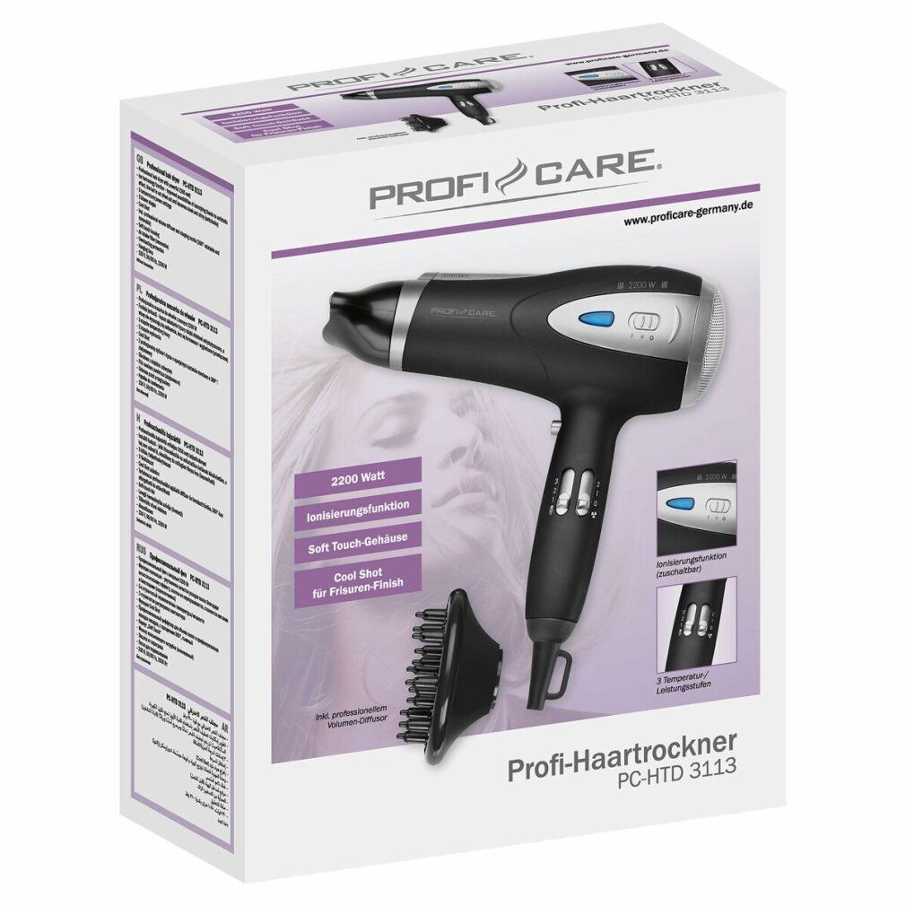 Verpackung eines schwarzen Haartrockners. Produktname: ProfiCare PC-HTD 3113. Abbildungen des Produkts und Details.