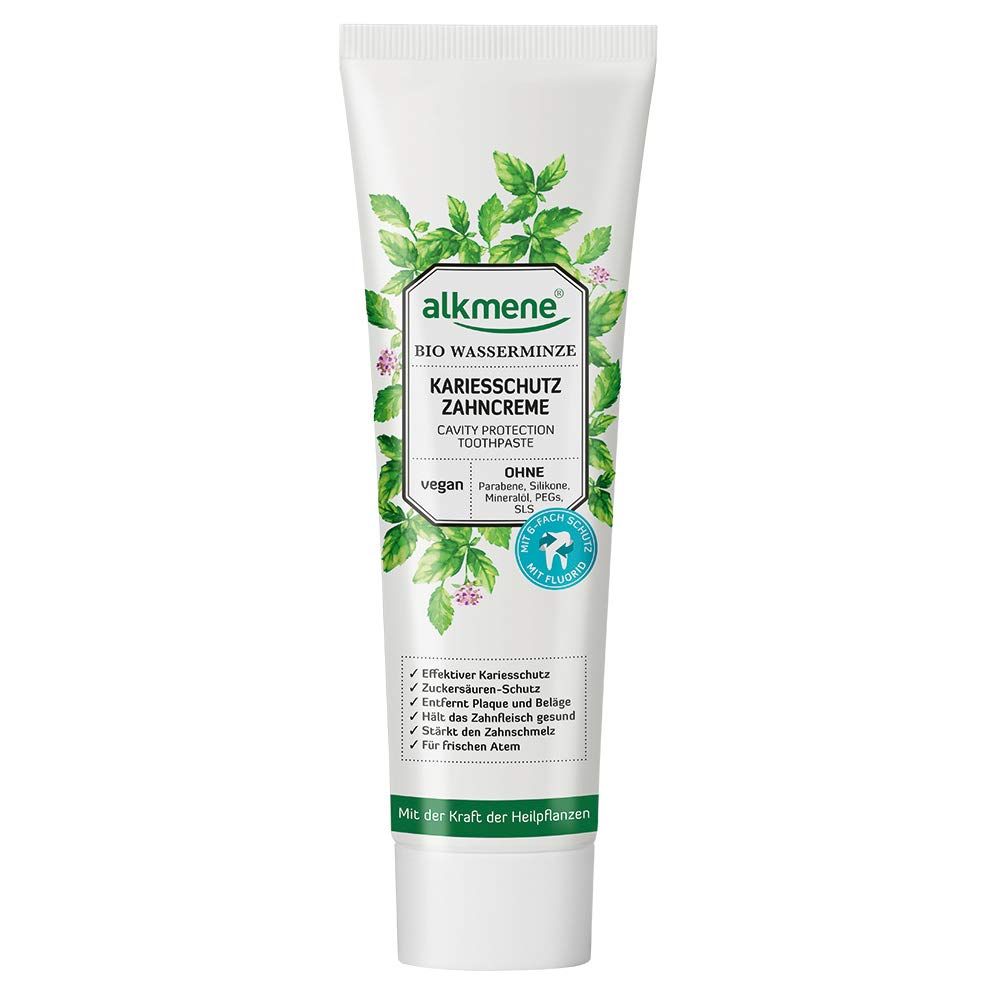 Zahncreme-Tube mit floralem Design. Aufschrift: alkmene BIO Wasserminze Kariesschutz Zahncreme. Vegan. Ohne Parabene, Silikone, Mineralöl, PEG.