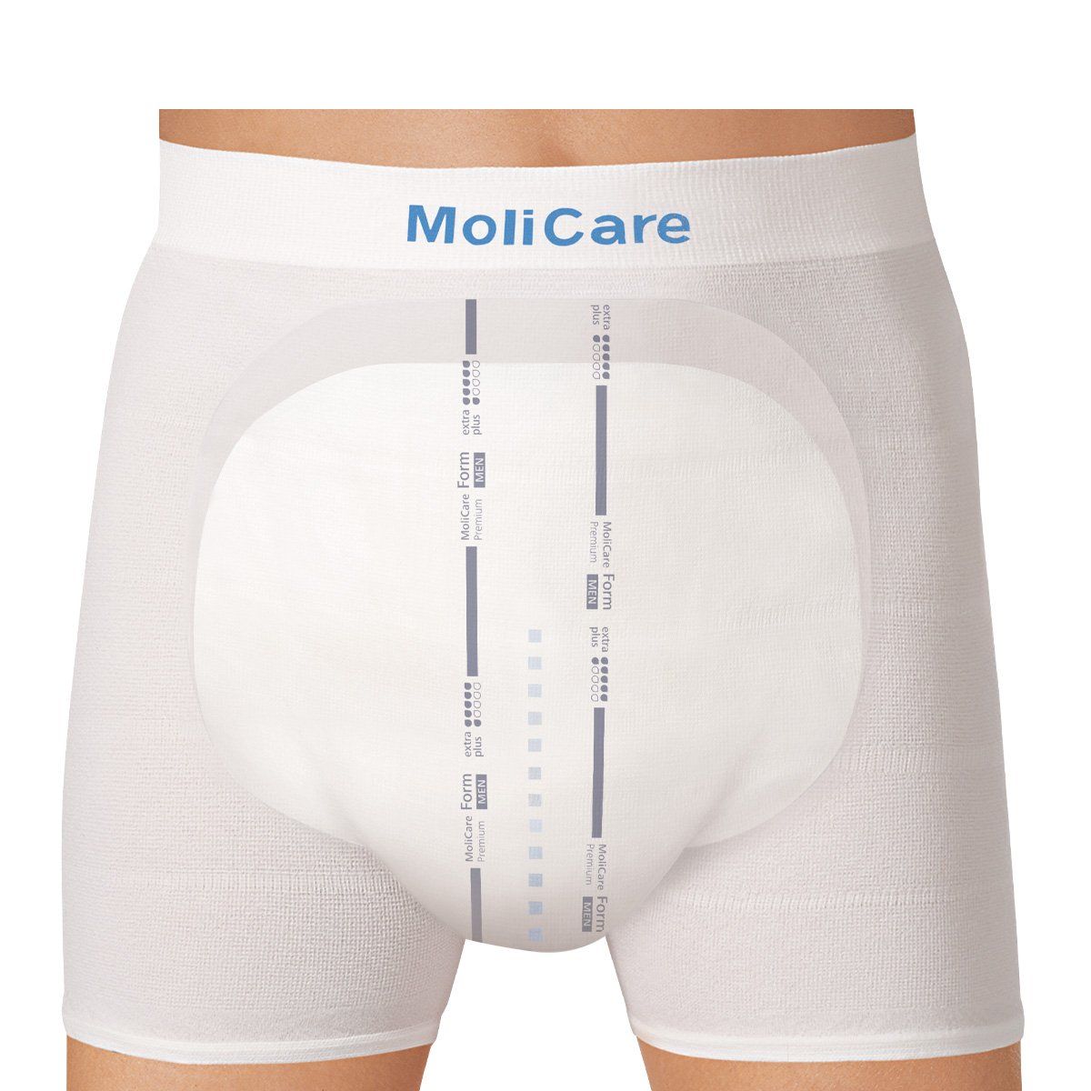Weisse Inkontinenzvorlage in Herren-Unterhose. MoliCare-Schriftzug. Blaue Indikatoren. Premium Form extra plus.