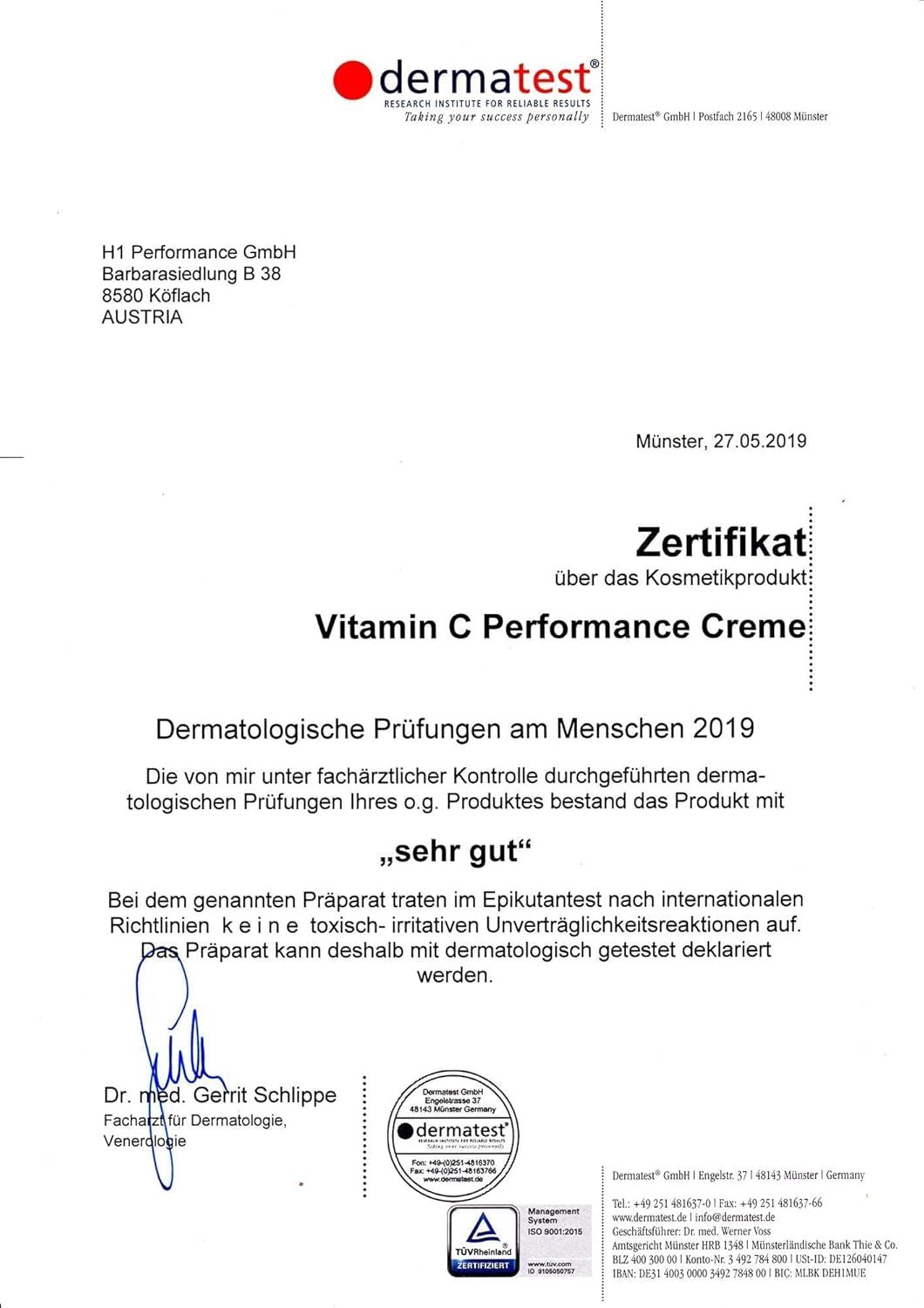 Zertifikat der dermatologischen Prüfung für Cosphera Vitamin C Performance Creme mit "sehr gut" Bewertung.