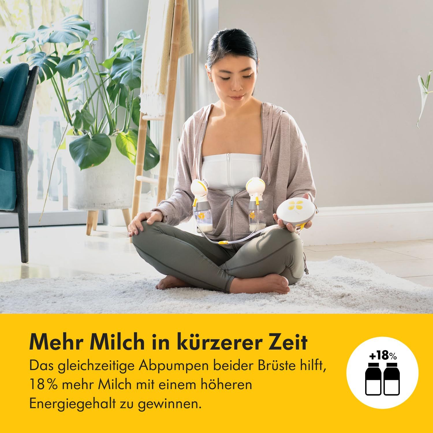 Frau sitzt und benutzt eine elektrische Milchpumpe. Text: Mehr Milch in kürzerer Zeit. Grafik: +18% mehr Milch.