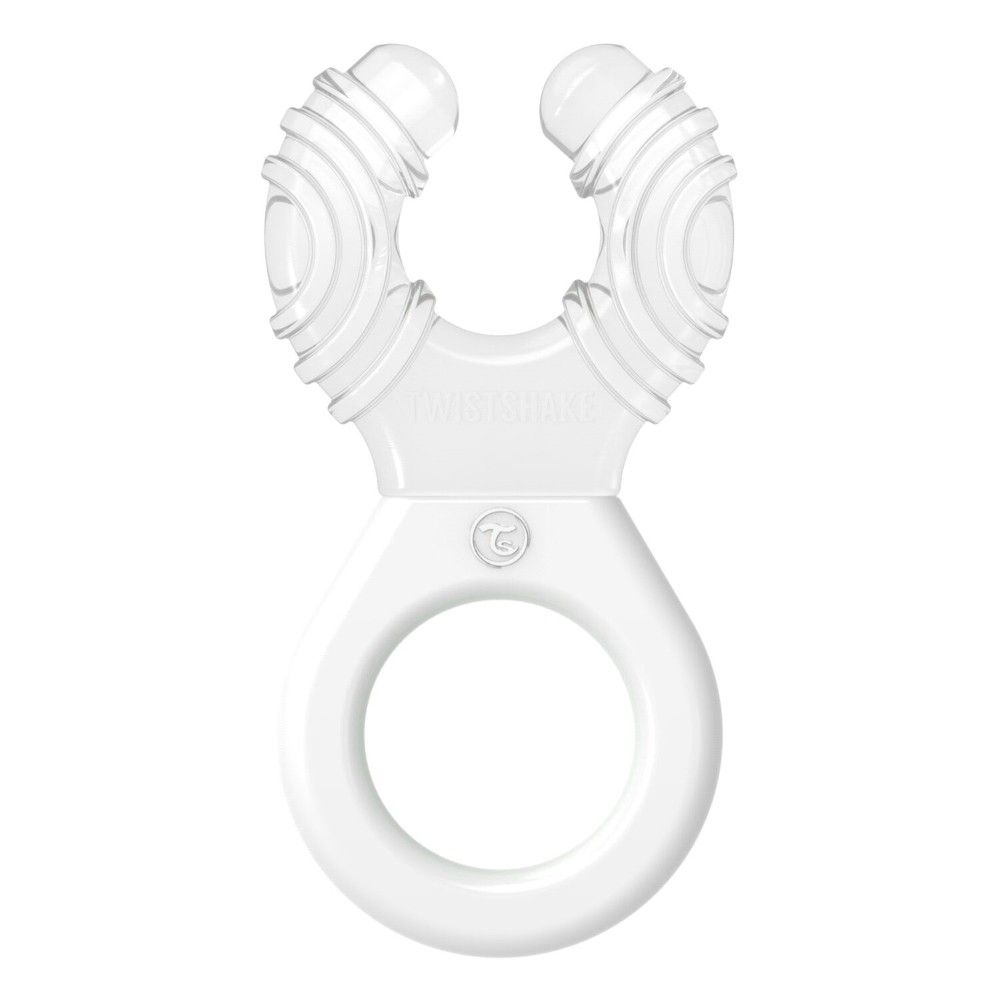Weißer Beißring mit Ring und zwei Greifbereichen. Auf der Oberfläche sind Rillen zu sehen. Das Logo ist sichtbar.