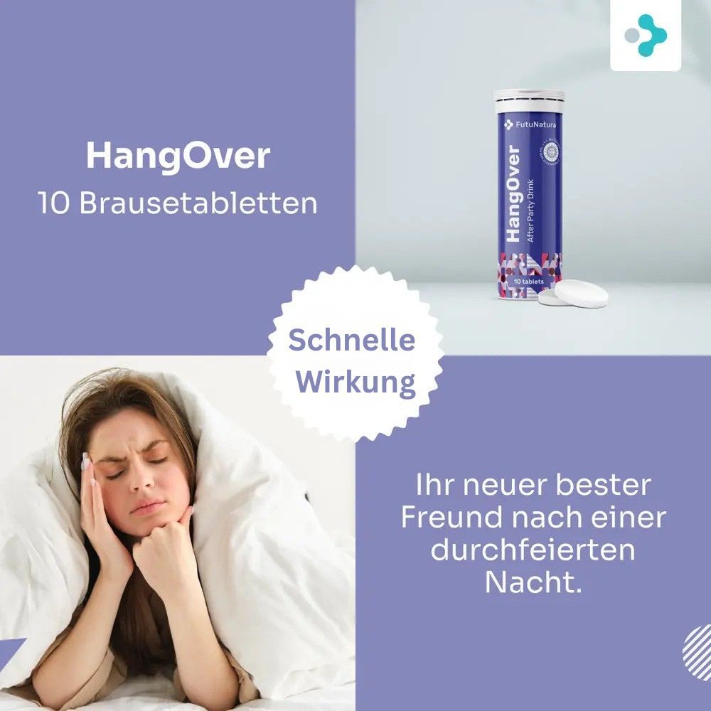 Werbebild mit "HangOver"-Tabletten. Frau mit Decke. Text: "Schnelle Wirkung". Produktabbildung und zwei Tabletten.