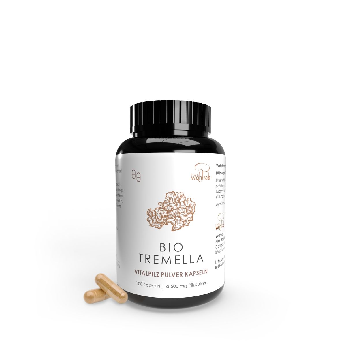 Braune Pillendose mit schwarzen Deckel und zwei Kapseln. Aufschrift: BIO TREMELLA Vitalpilz Pulver Kapseln.