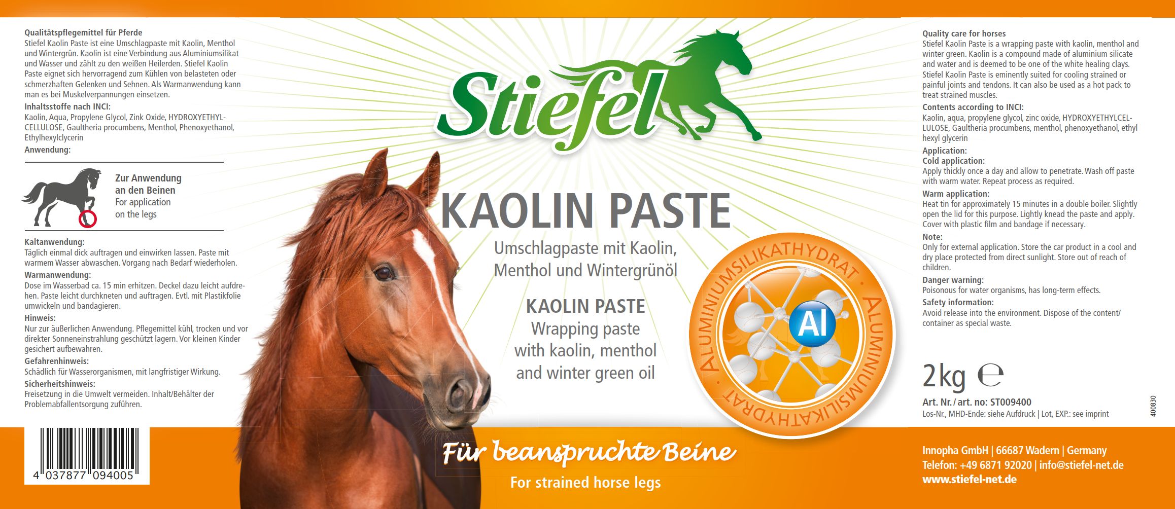 Etikett mit Produktinformationen. Stiefel Kaolin Paste, Text in Deutsch und Englisch. Logo mit Pferd. 2kg Packung.