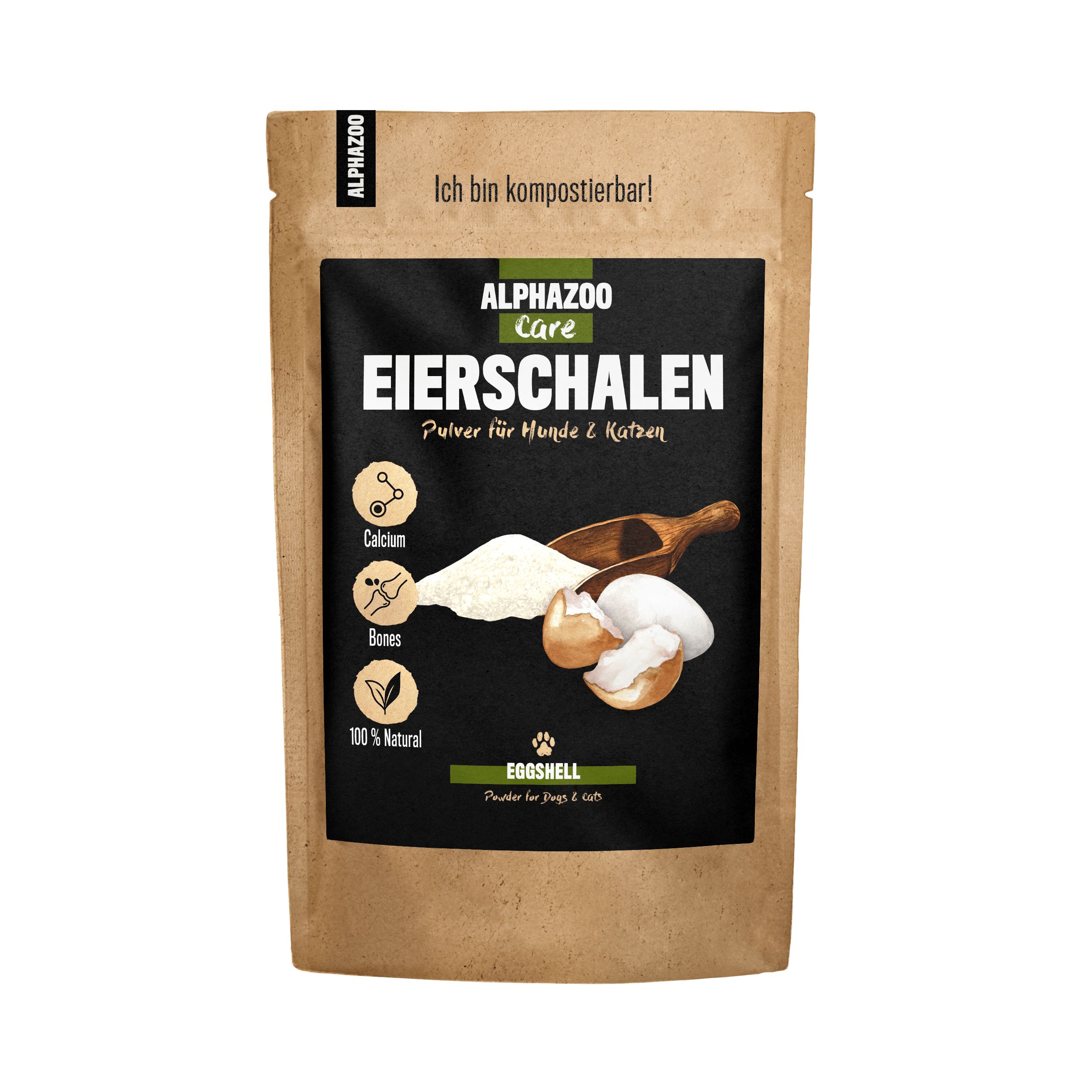 Braune Verpackung mit Produktabbildung und Text. Enthält Eierschalenpulver für Hunde und Katzen. Marke: ALPHAZOO.