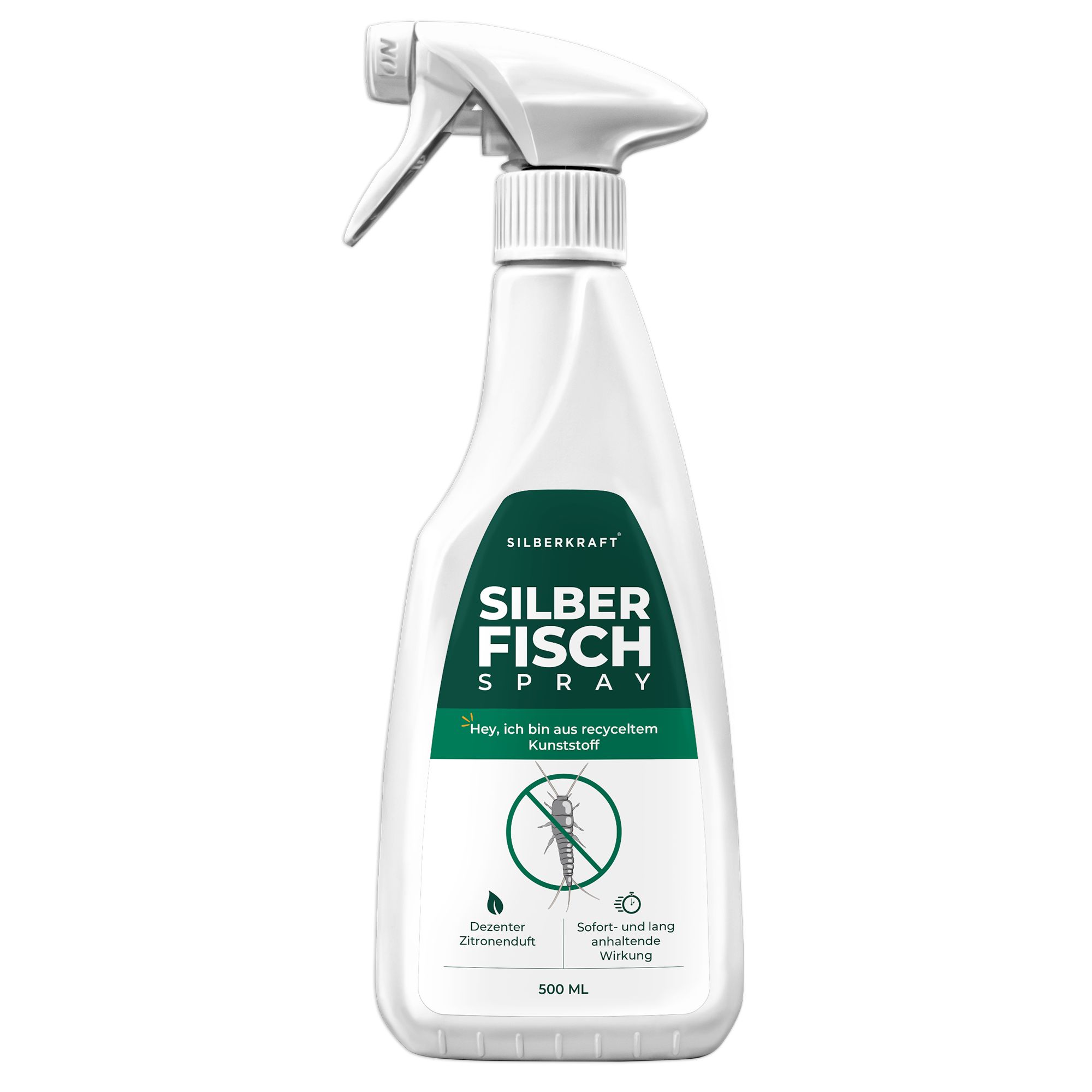 Weiße Sprühflasche mit weißem Sprühkopf. Grünes Etikett mit "SILBERKRAFT SILBER FISCH SPRAY" und "500 ml".