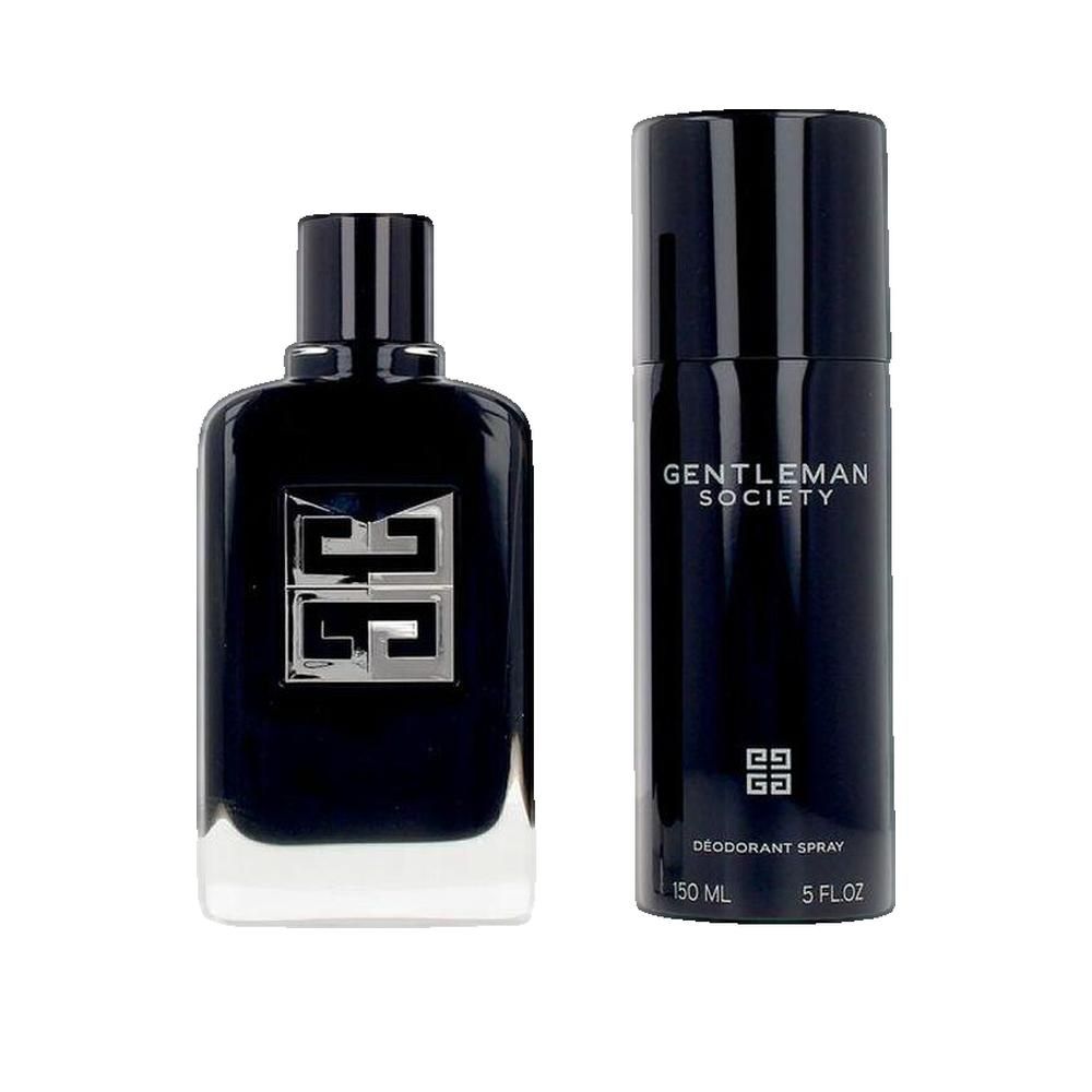Dunkelblaue Parfumflasche und Deodorant-Spray. Beide mit silbernem Logo und Schriftzug "Gentleman Society".